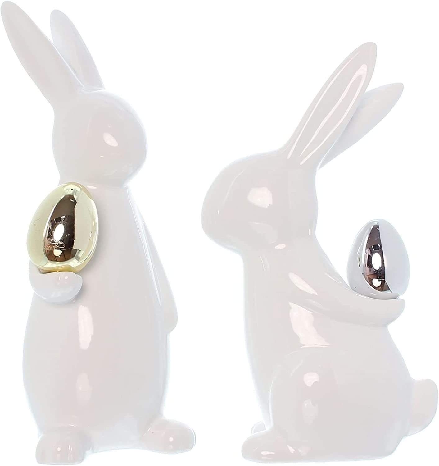 Osterhase "Classical" aus Porzellan, weiß mit Osterei in gold & silber, Dekohase