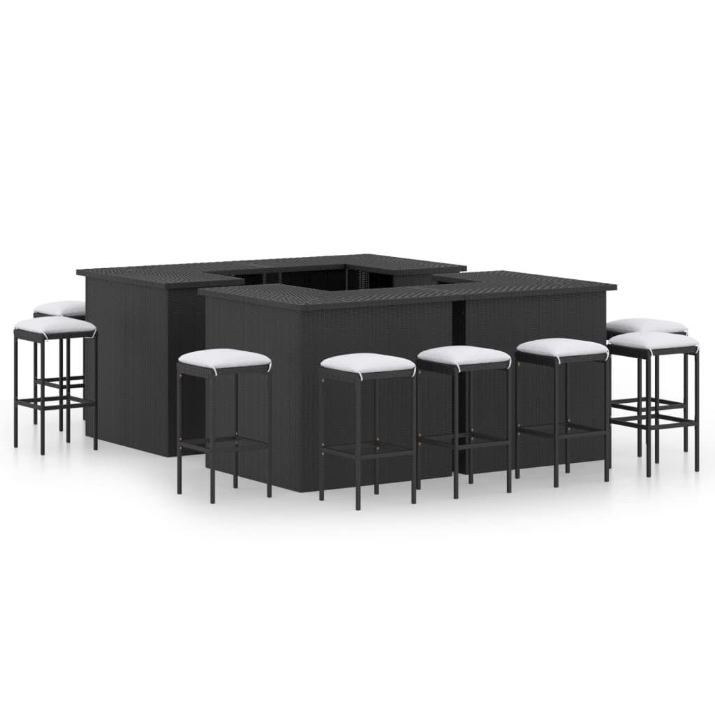 vidaXL Gartenlounge-Set 16-tlg. Gartenbar-Set mit Kissen Poly Rattan Schwarz, (15-tlg)