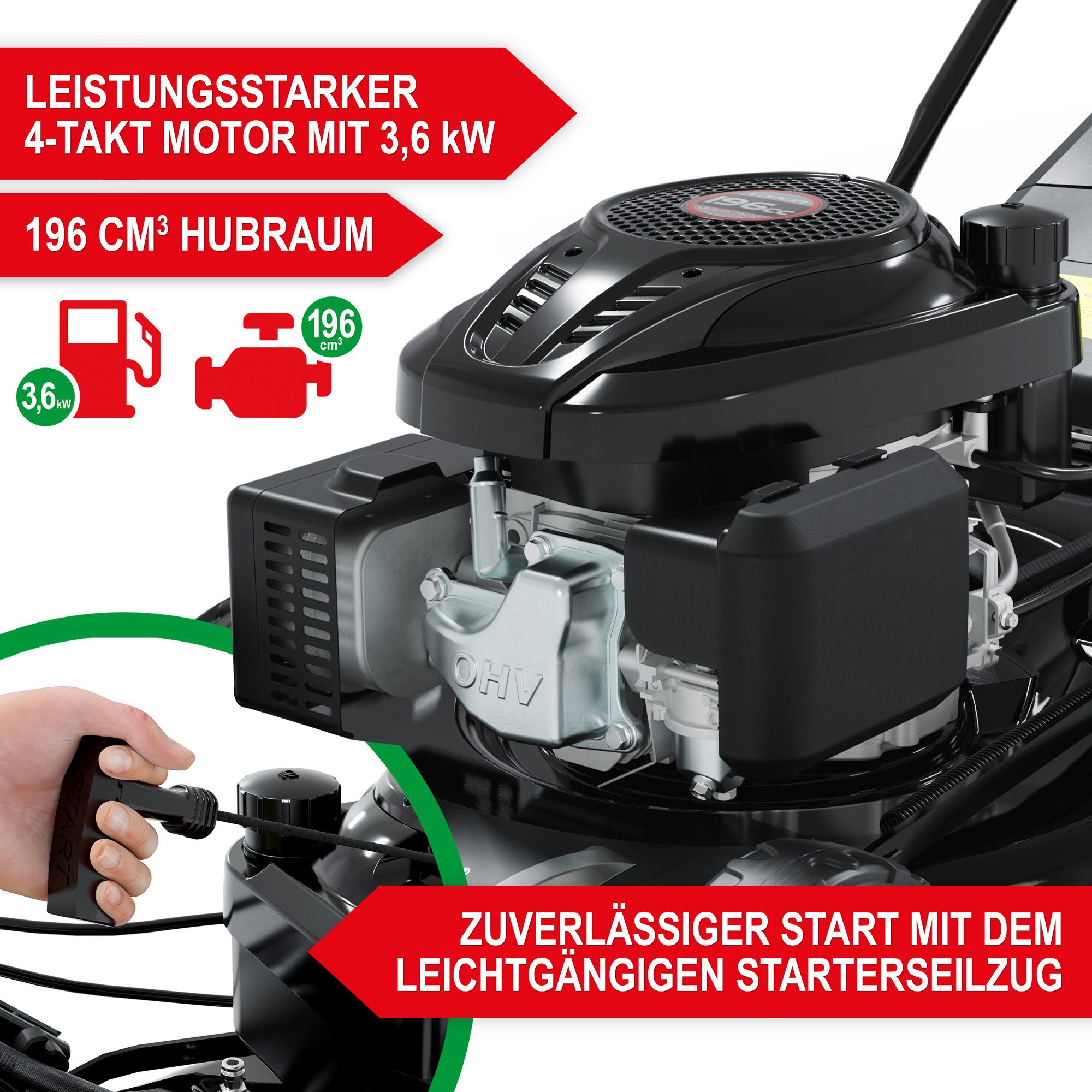 Onbest Benzinrasenmäher mit Antrieb, 5in1, 60 Liter Fangkorb, 51 cm Schnittbreite, 6,5 PS, Mulchkit, Sograd-Lüfterrad