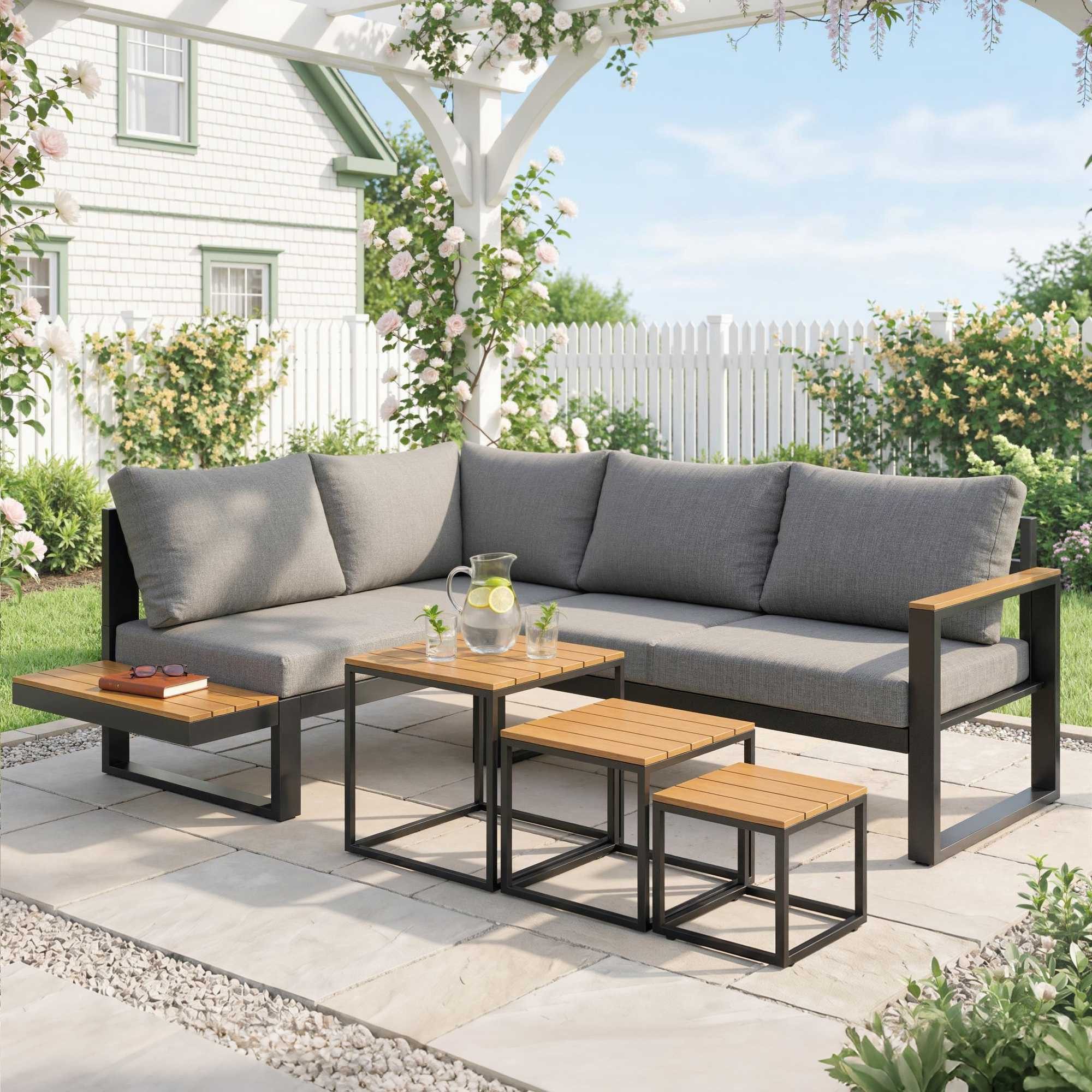 Outsunny Sitzgruppe 5tlg. Gartenmöbel-Set Gartengarnitur mit Ecksofa Doppelsofa Couchtisch, (Gartenlounge-Set, 5-tlg., Balkonmöbel-Set), für Terrasse, Balkon, Dunkelgrau