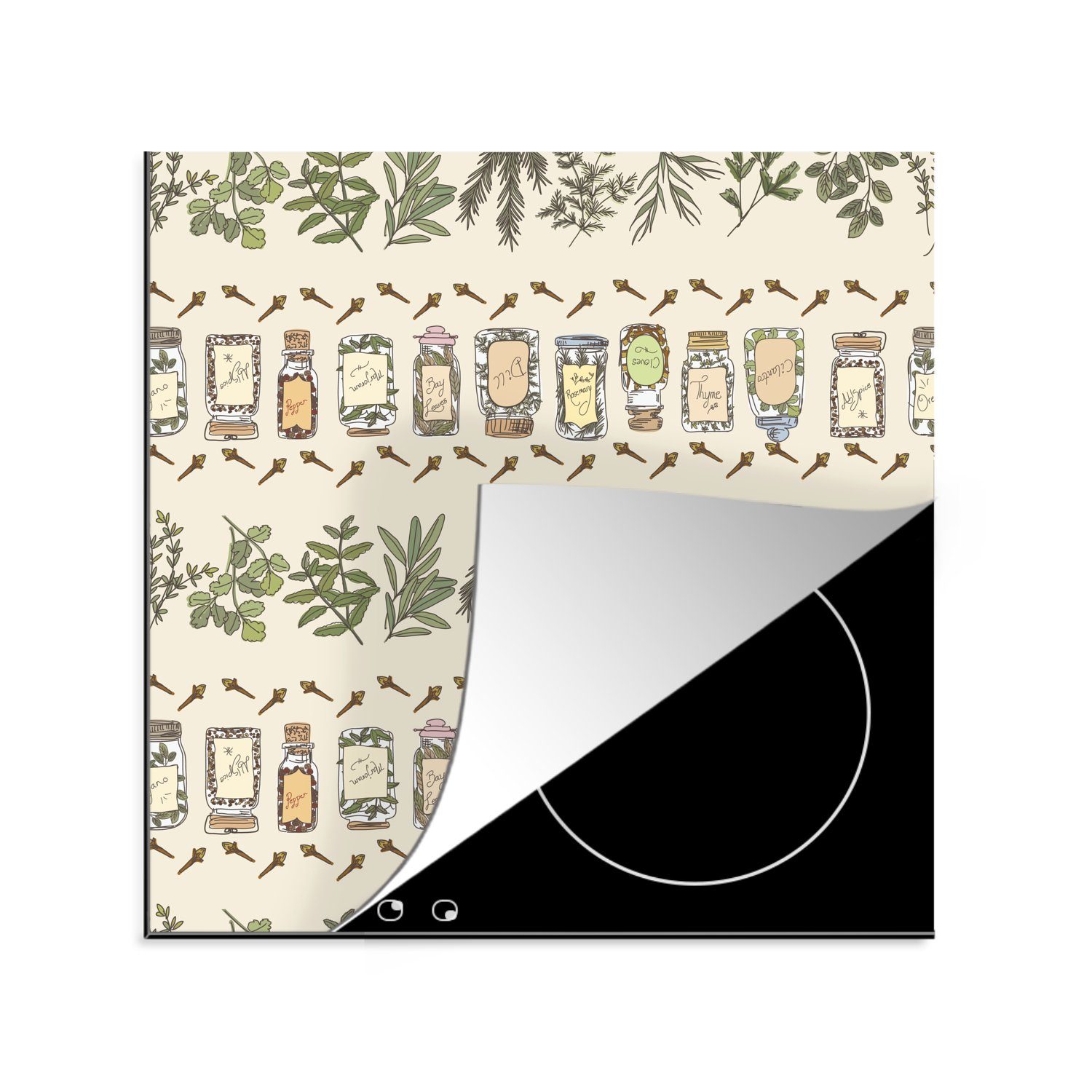 MuchoWow Herdblende-/Abdeckplatte Illustrierte Töpfe und Kräuter auf beigem Hintergrund, Vinyl, (1 tlg), 78x78 cm, Ceranfeldabdeckung, Arbeitsplatte für küche