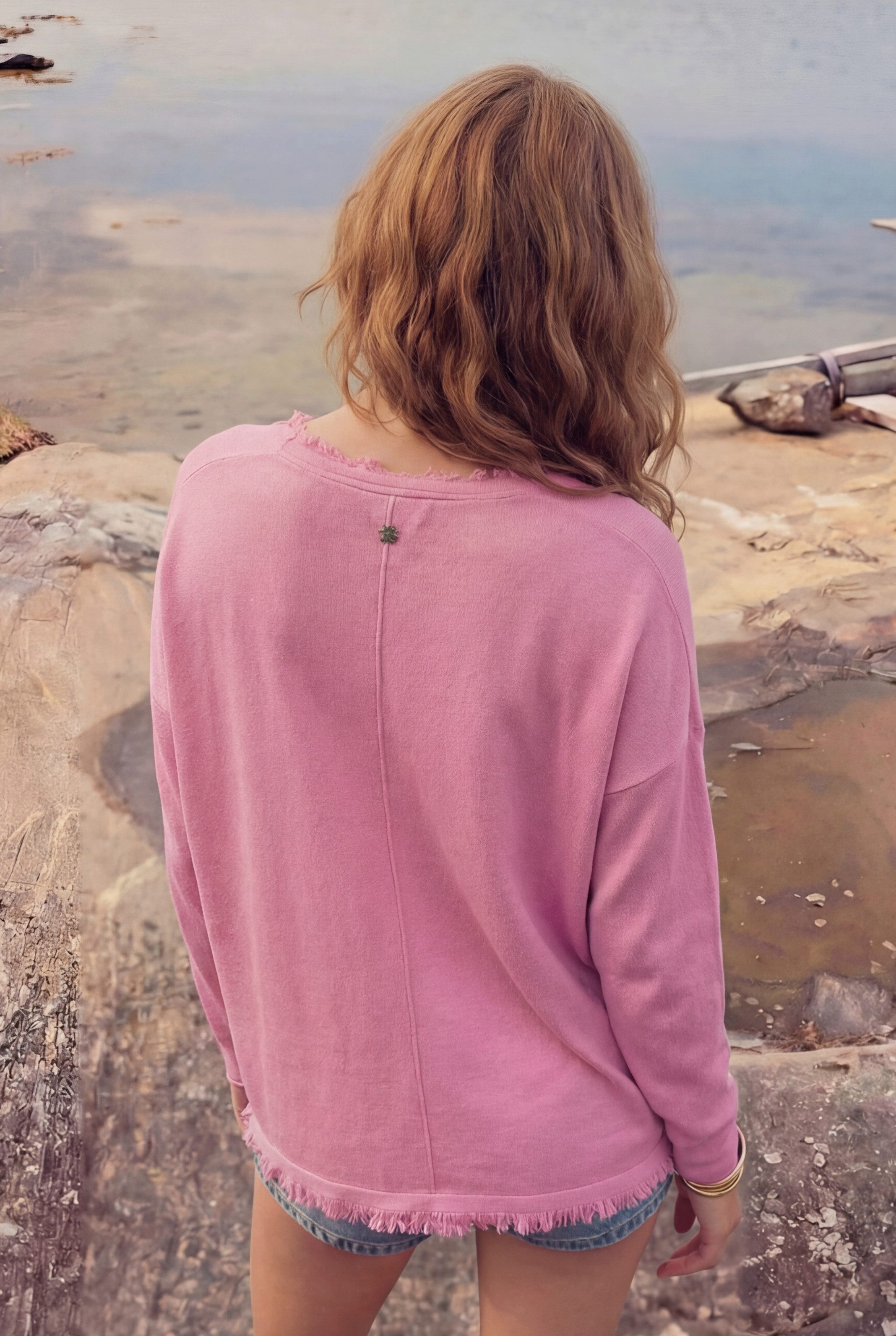 Zaubermond Strickpullover Damen Lockerer Boho Pullover mit V-Ausschnitt & Fransen Rosa