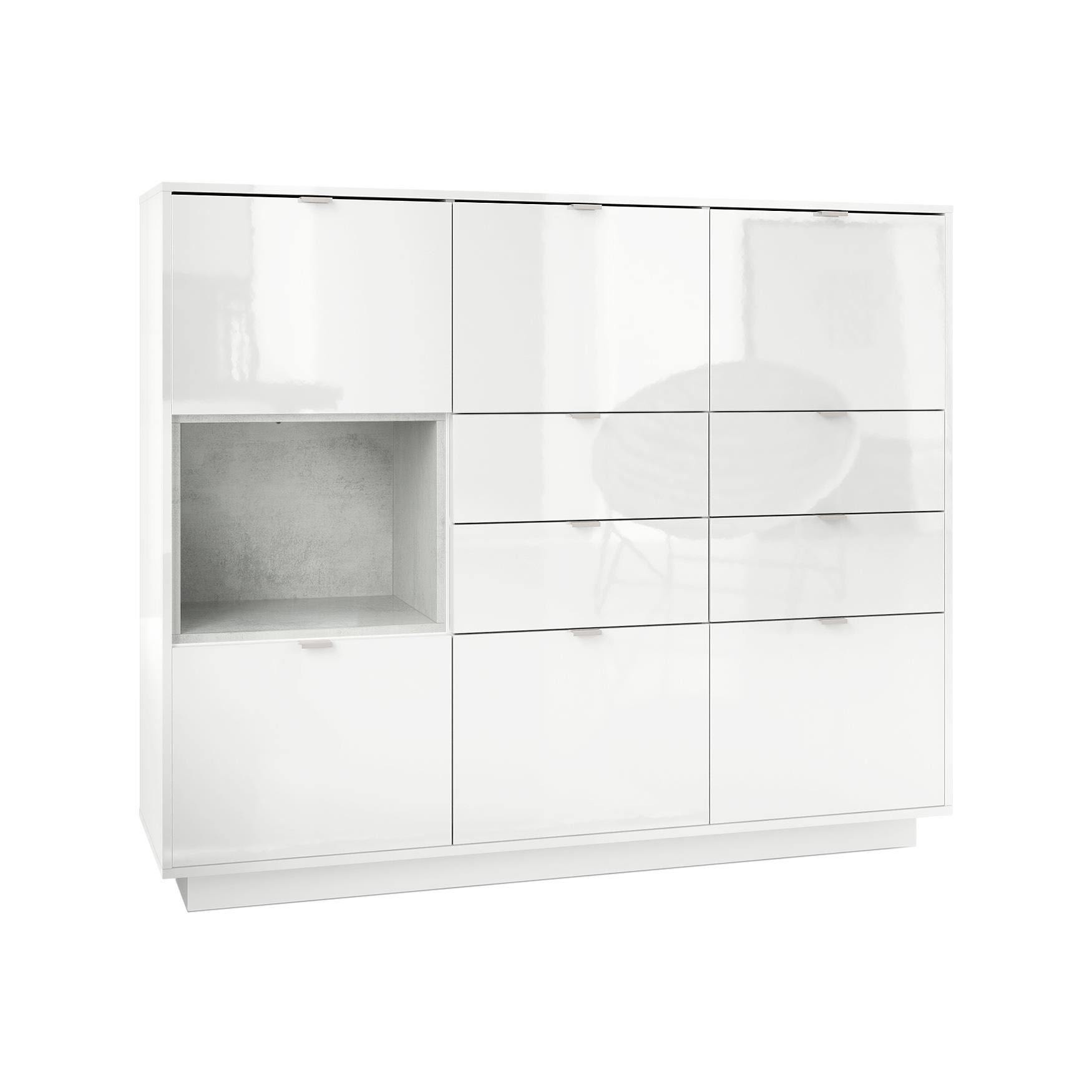 Vladon Highboard Metro V2 (Highboard, mit 6 Türen, 4 Schubladen und 1 offenem Fach), Beton Oxid Optik (153 x 123 x 37 cm)