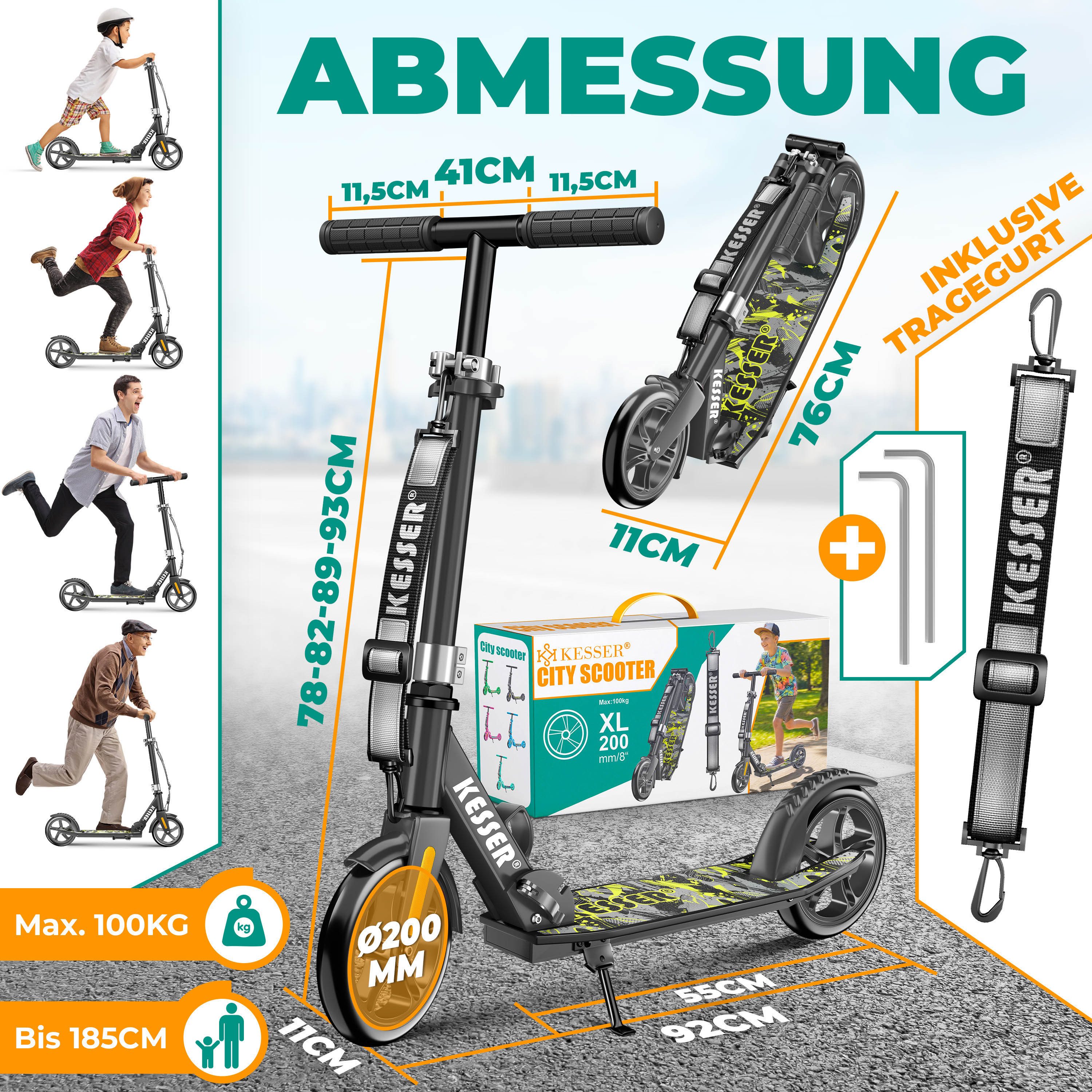 KESSER Scooter mit Hinterradbremse & rutschfeste Trittfläche, bis 100kg & 185cm Körpergröße, klappbar höhenverstellbar – Bild 2 von 5