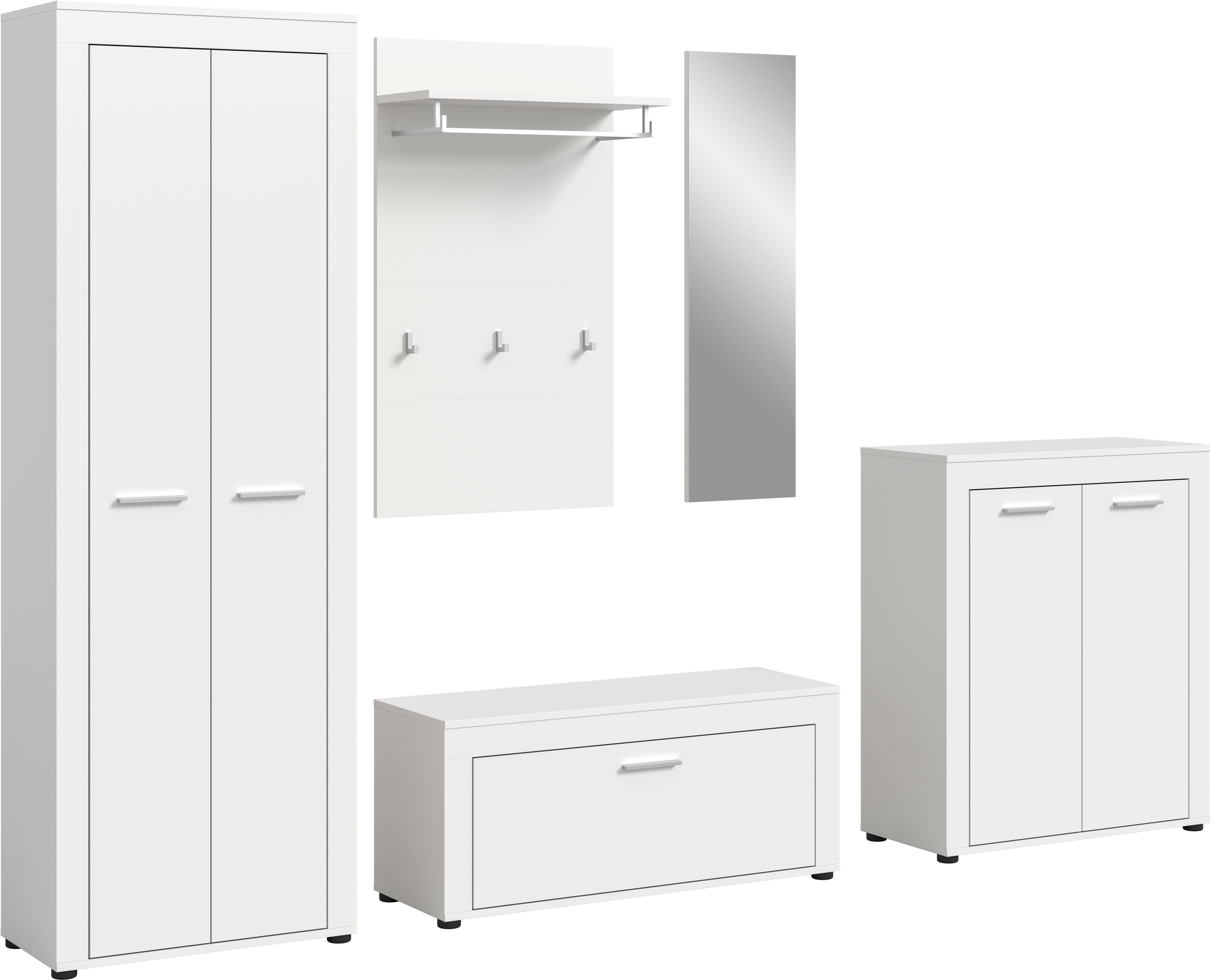 Home affaire Garderoben-Set AOSTA, TOPSELLER!, Breite 285cm, 5-teilige Garderobenkombination, (Set, 5-St., bestehend aus: Garderobenschrank, Sitzbank, Paneel, Spiegel & Kommode), Flurkombination, Kombination, Garderobe, Dielen-Set, Garderobenmöbel