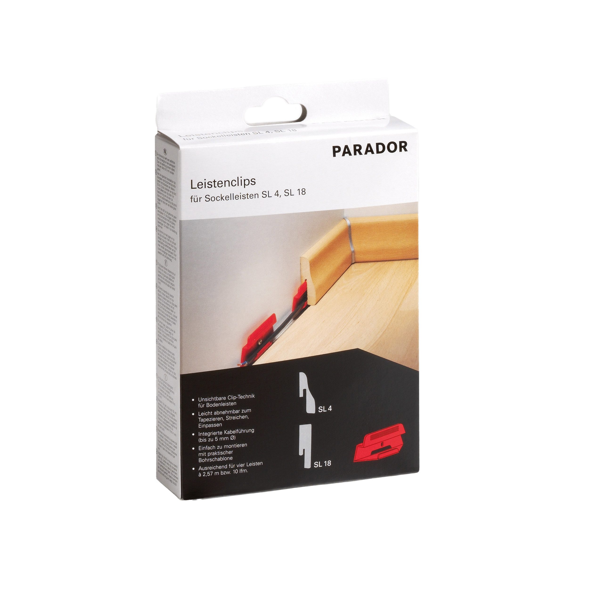 PARADOR Leisten-Befestigungsclips rot für Sockelleisten SL 4, SL 5 und SL 18, (Ausreichend für eine Strecke von etwa 10 lfm, 1-St., Für eine besonders einfache und stabile Montage), Auf die Sockelleiste SL 4, SL 5, SL 5 WF und SL 18 abgestimmt