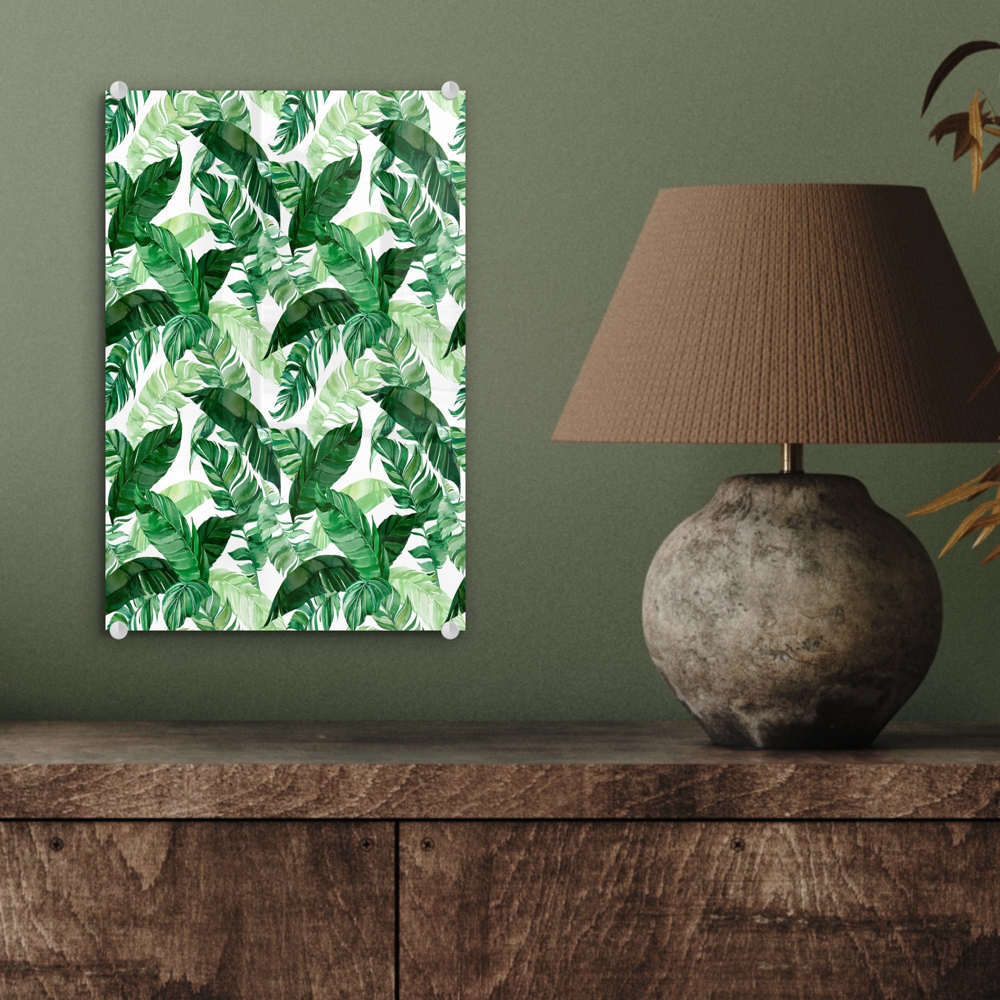 MuchoWow Acrylglasbild Blätter - auf Wandbild Grün Glasbilder Foto - St), auf Bilder - - Wanddekoration - Glas Muster, (1 Glas