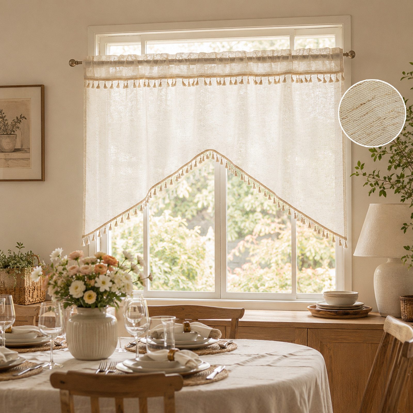 LMaxhome Scheibengardine mit Fransen, W-förmige Bogen-Kurzgardine in Leinenoptik, Beige (1 St), für Küche, Bad, Schlafzimmer, Wohnwagen & Caféfenster, 150 x 100 cm