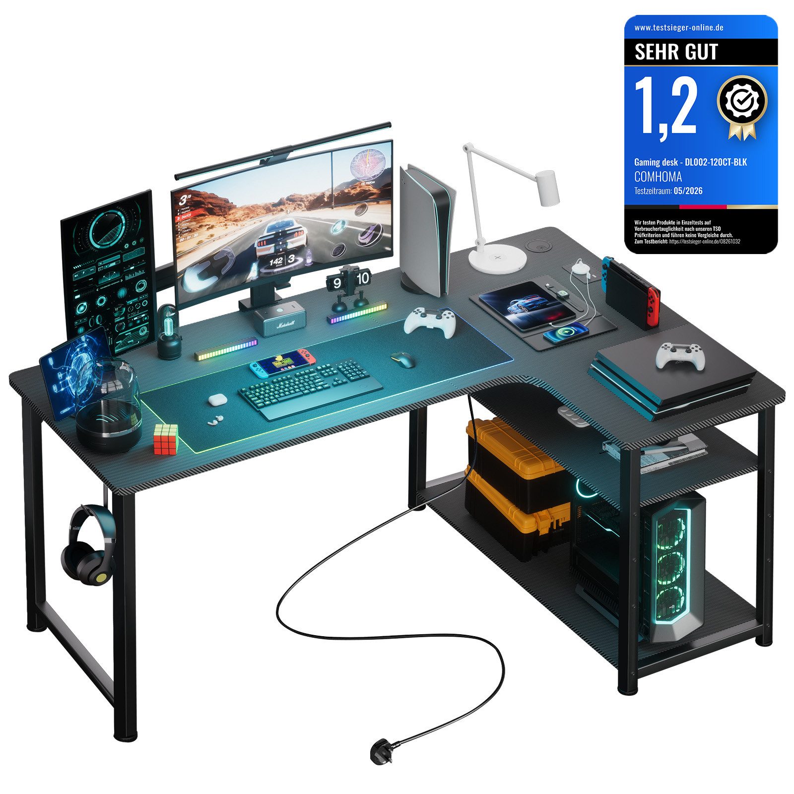 GTPLAYER Schreibtisch Gaming Tisch Eckschreibtisch mit Regal USB-Ladeanschluss und Steckdose (1 Tisch), 120/100cm Computertisch L Form, PC Tisch für Büro, Heimbüro
