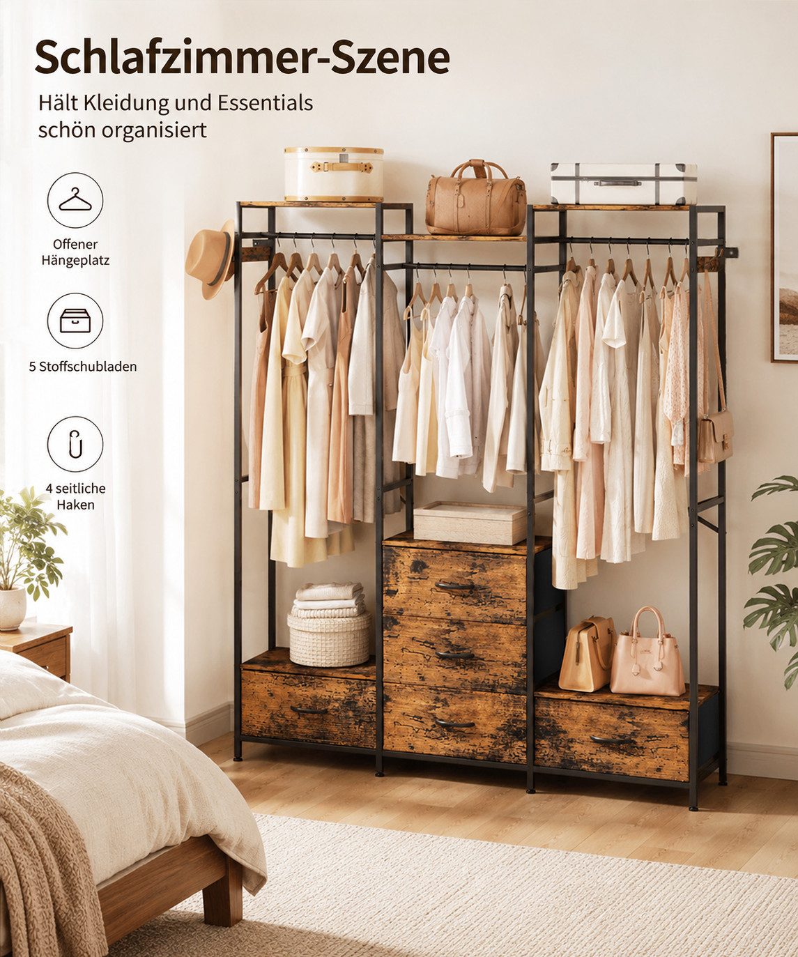 Yorbay Kleiderständer Kleiderregal mit 3 Kleiderstangen, 5 Schubladen & 4 Haken, (151x34x193,6 cm), Ideal als Garderobenständer für Schlafzimmer, Ankleidezimmer – Bild 4 von 5