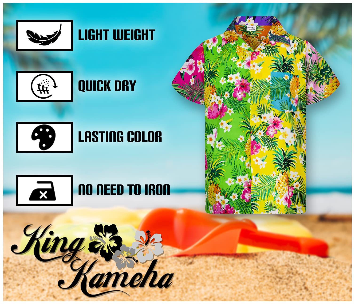 King Kameha Hawaiihemd Pineapple Flowers Kids Funky Hawaii-Hemd Kinder Kurzarm Front-Tasche