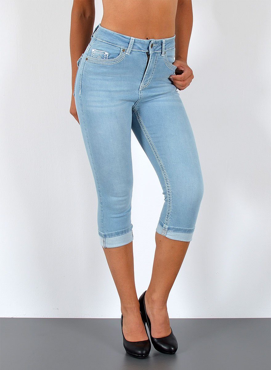 ESRA Caprijeans Damen 3/4 Capri Jeans-Hose mit Kontrast-Nähte bis Große Größen J563 Damen High Waist Capri Jeans Stretch Jeans dicke Naht bis Übergröße
