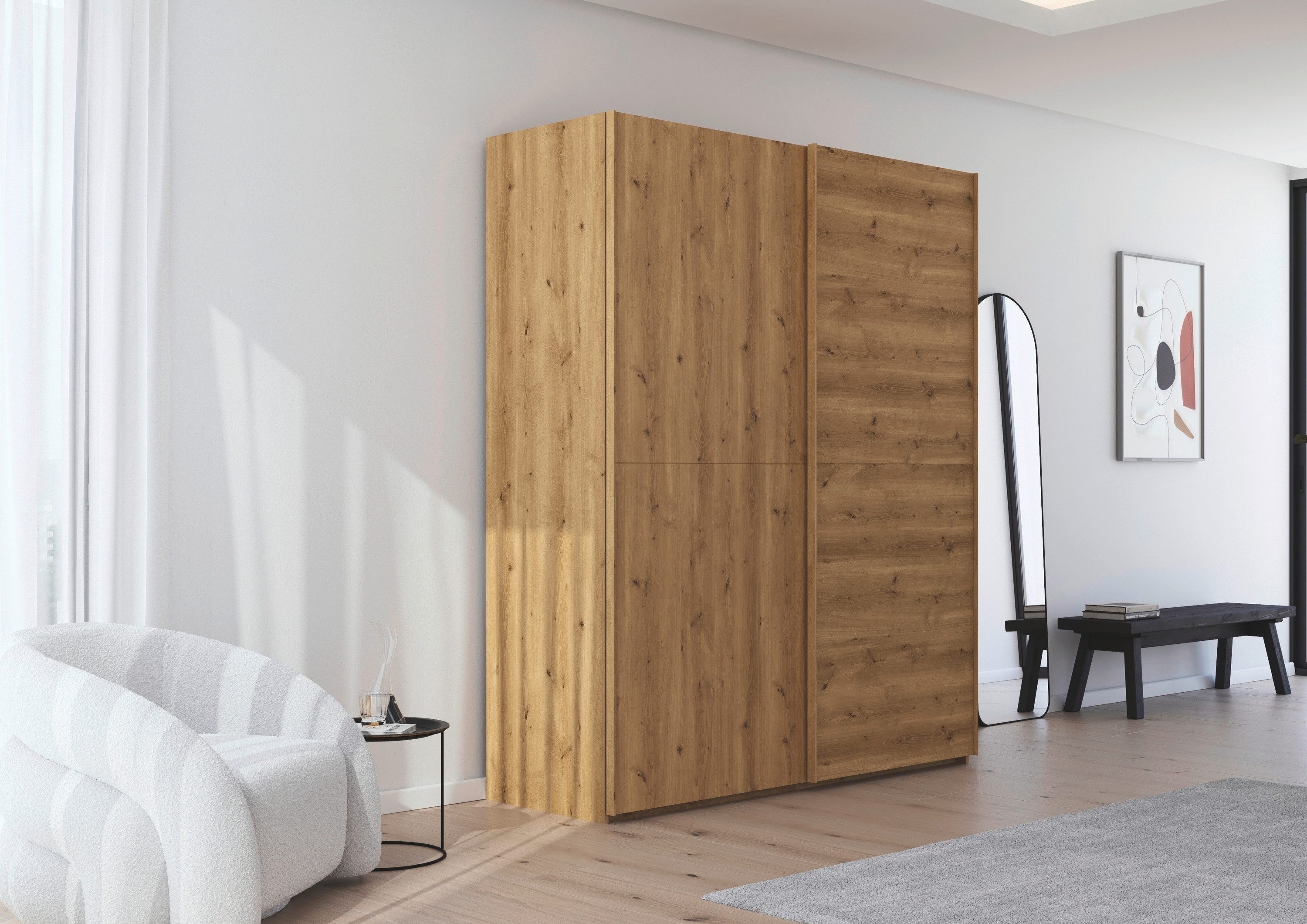 rauch Schwebetürenschrank Kleiderschrank Schrank Garderobe Schlafzimmerschrank SCALE-WOOD senkrecht geteilte Türen in robuster massiver Asteiche MADE IN GERMANY