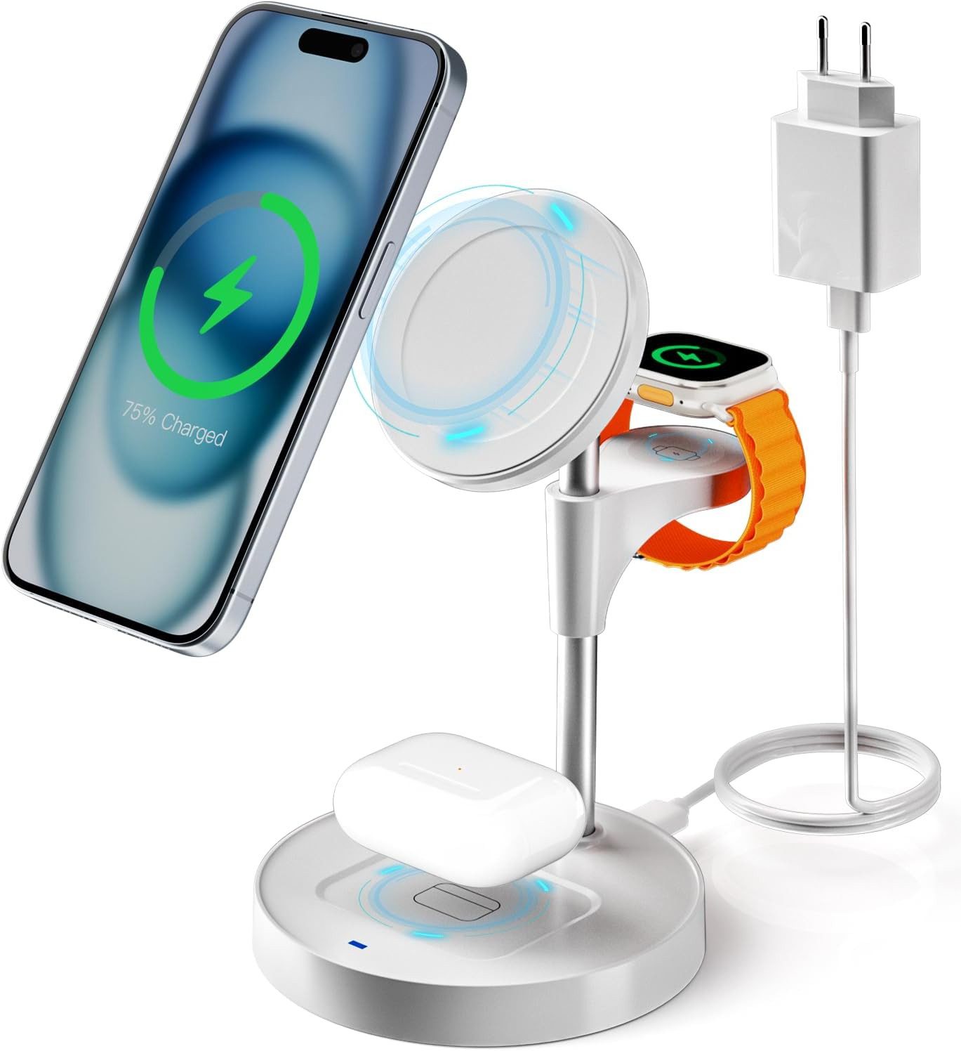 KPON 3-in-1 MagSafe Ladegerät iPhone Apple Watch AirPods Schnellladung Wireless Charger (1500 mA, MagSafe 3-in-1 Ladestation für iPhone, Apple Watch & AirPods, ideal für Büro & Zuhause, 3-in-1 MagSafe Ladegerät mit PD-Adapter und USB-C Kabel, Schnellladung, Akkuschutz, platzsparend, kompatibel MagSafe-Hüllen)