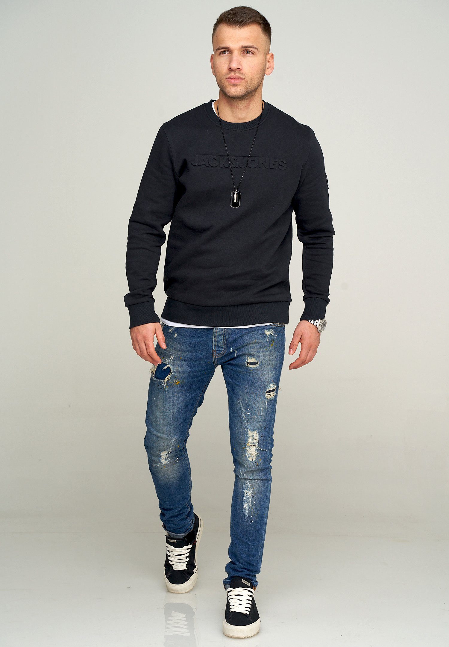 Jack & Jones Sweatshirt JCOBOOM SWEAT CREW NECK Sweatpullover mit Logo und Patches Langarm Shirt Baumwollmischung