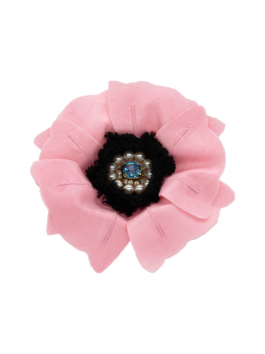 Brosche Blumenbrosche mit Perlen und Kristallen in Pink.