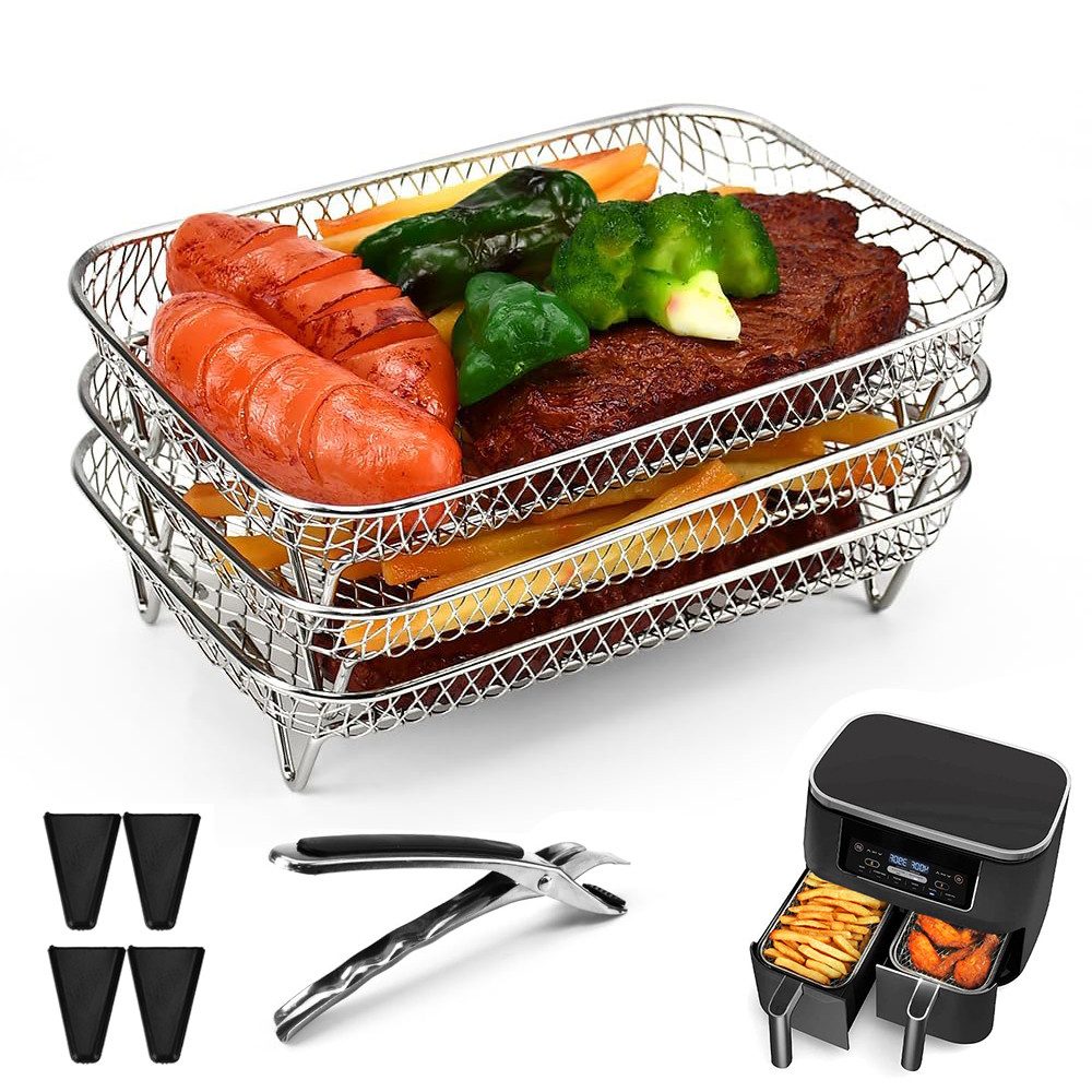 BlingBin Airfryer-Grillrost 3 Layers Edelstahl Grillrost, Air Fryer Zubehör für Ninja AF300EU (1er Set, 1-St., mit 4 x Silikonerhöhungsfüße und 1 x Anti-Verbrühungszange), Air Fryer Tray Grillrost Rack Air Fryer Heißluftfritteuse Zubehör