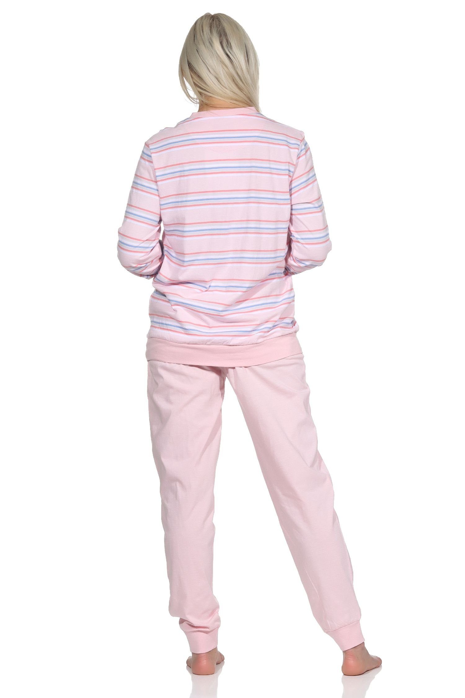 Pyjama Damen Pyjama Bündchen in mit Normann langarm rosa pastellfarbenen Look Schlafanzug