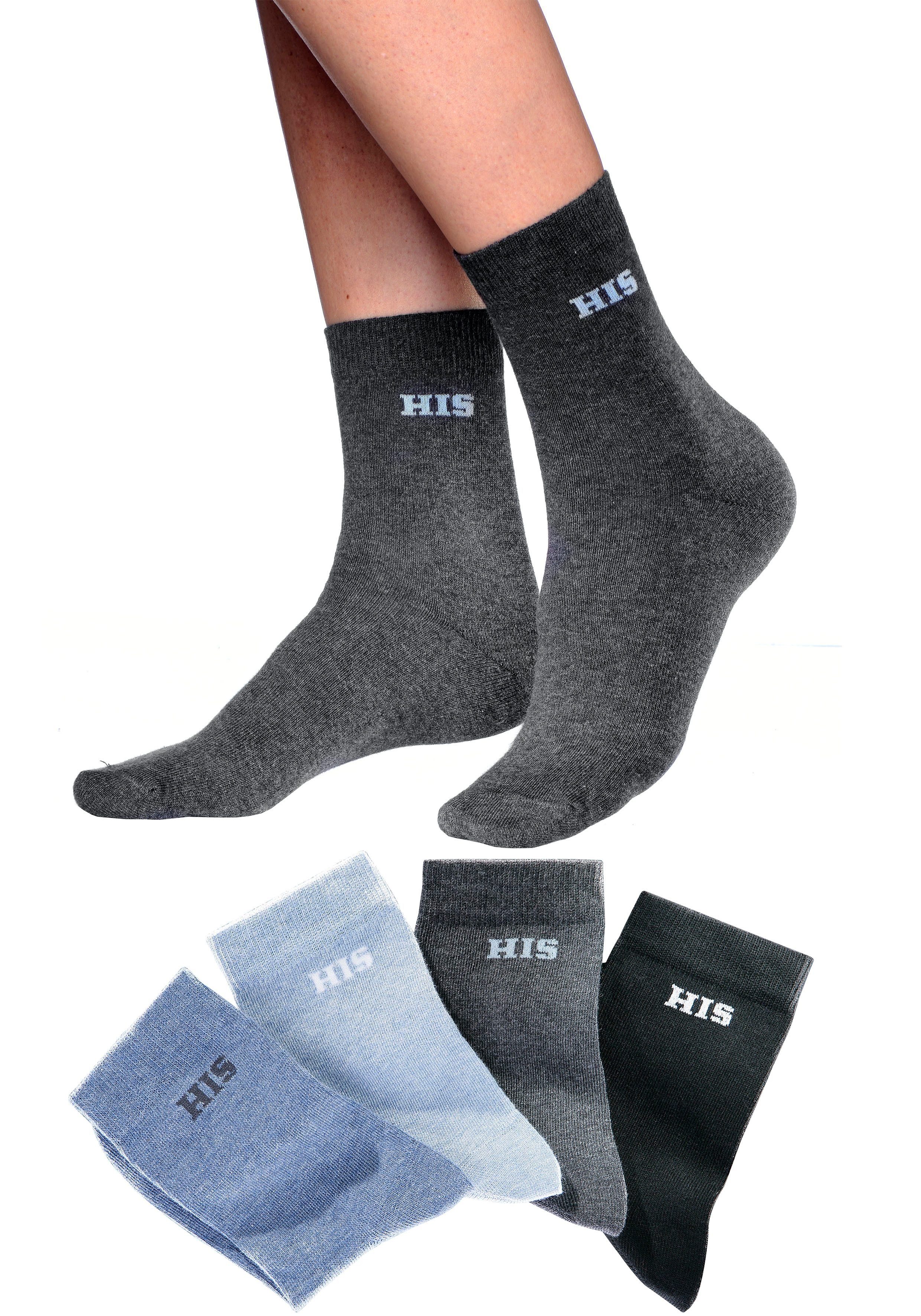 H.I.S Basicsocken Damen Herren Ringel und uni Socken (Packung, 4-Paar, Gr. 35-38 bis 43-46) mit eingestricktem Markenlogo – Bild 5 von 5