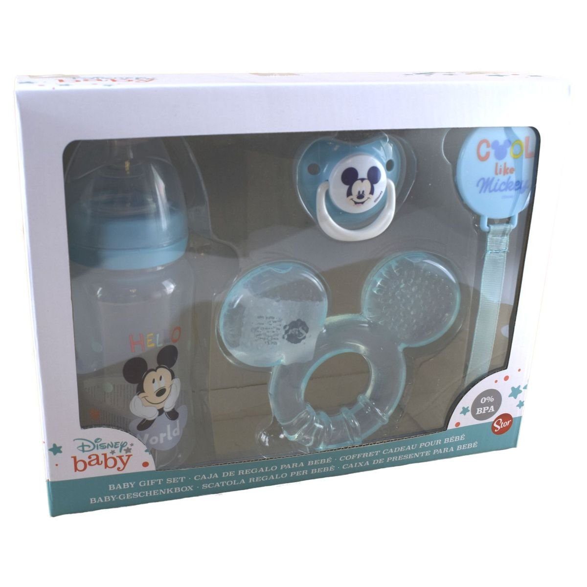 Stor Schnuller Set Disney Baby Mickey oder Minnie Mouse mit Beißring und Flasche, im Geschenkkarton