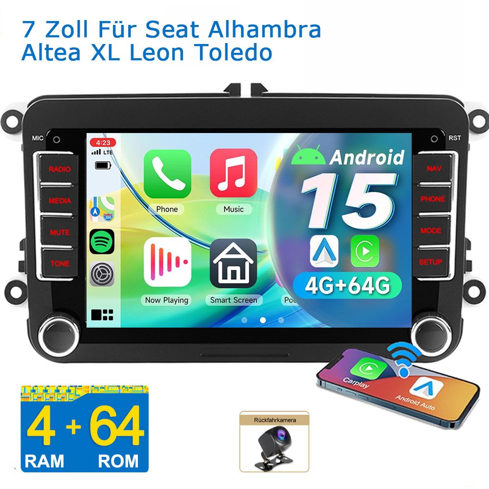 A-Sure Android 15 FM WIFI RDS CarPlay Für Seat Alhambra Altea XL Leon Toledo Autoradio (Digitalradio (DAB), Apple Carplay, GPS, Siri, Mirrorlink, Google play, Netflix, Youtube, Calendar, TikTok)