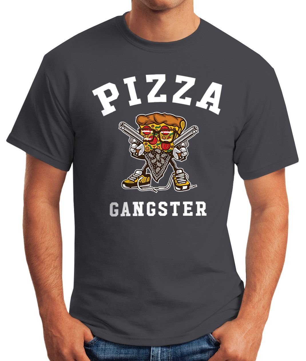 mit Herren Moonworks® Pizza Print-Shirt grau Fun-Shirt T-Shirt MoonWorks Gangster Print