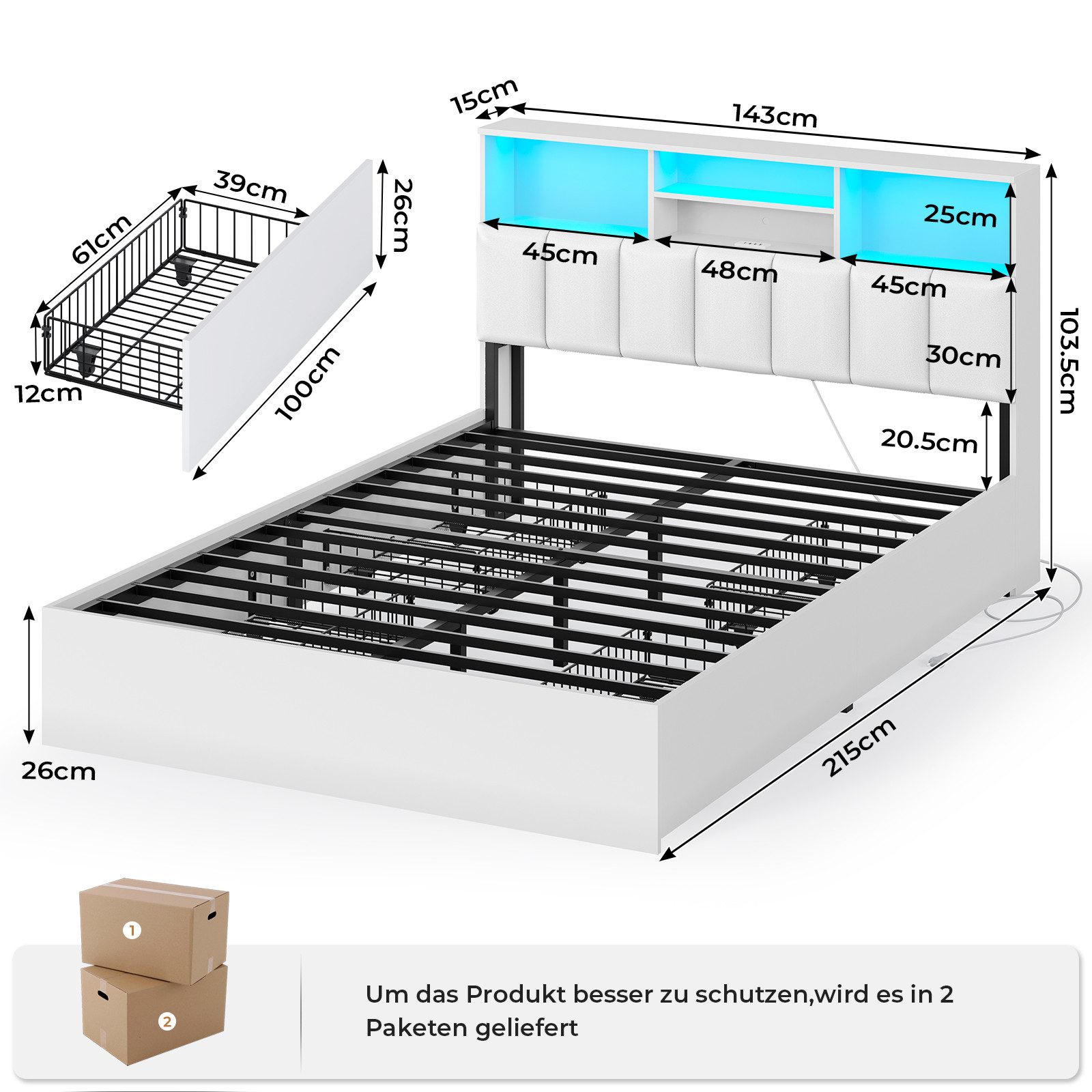 MSMASK Polsterbett Jugendbett, 140×200 cm mit Ladestation und LED-Beleuchtung (Ohne Matratze), Doppelbett mit 4 Schubladen