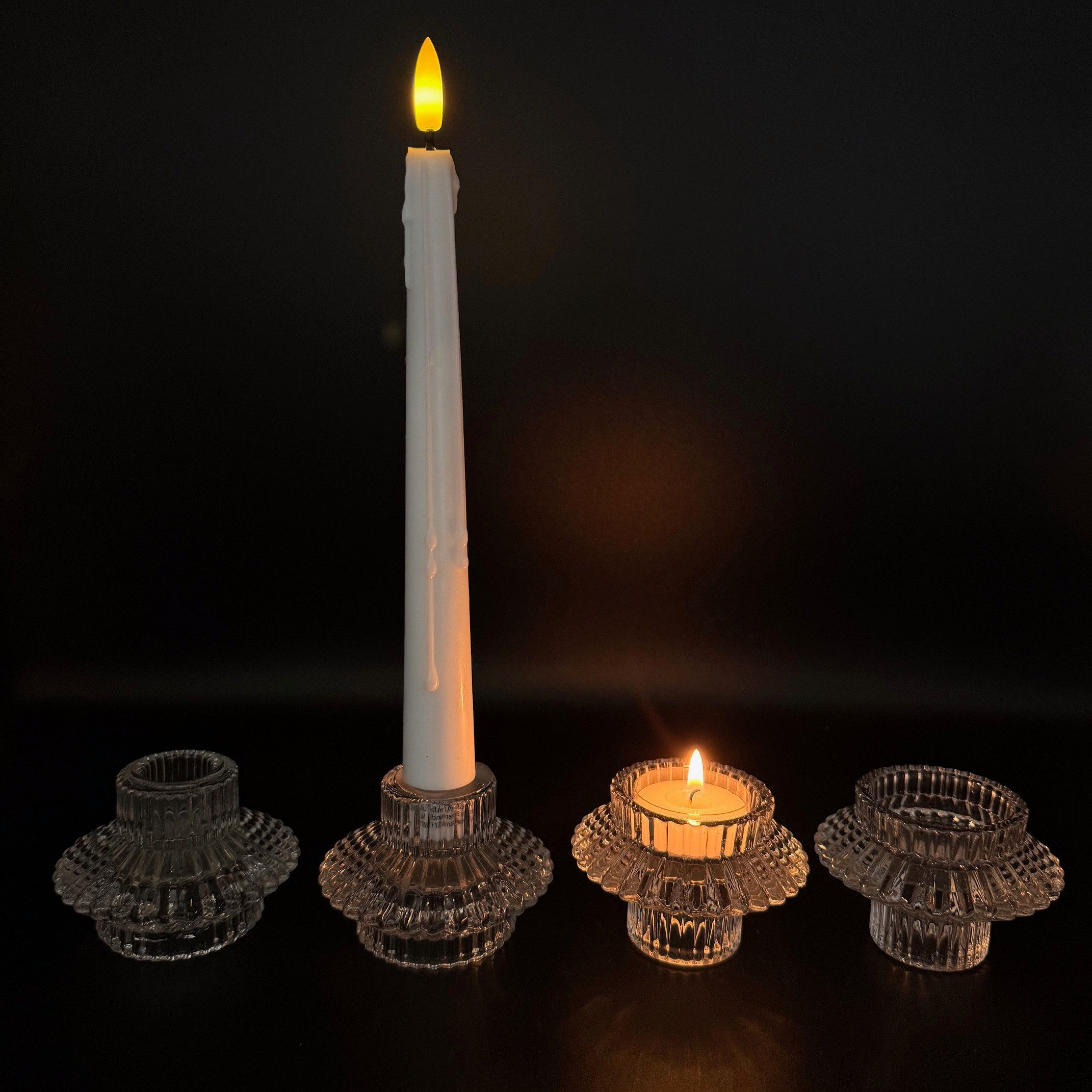 Online-Fuchs Teelichthalter und Stabkerzenhalter aus Glas gefertigt - 2in1 - 4er Set, Kerzenständer für 2 Kerzen Sorten