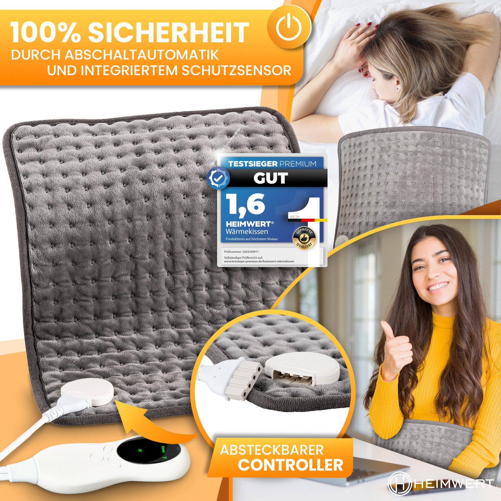 HEIMWERT Heizkissen Wärmekissen Heizkissen mit Abschaltautomatik Sofortwärme, Sofortwärme in 10 Stufen bis 100 Watt mit Timer - 30x40 cm