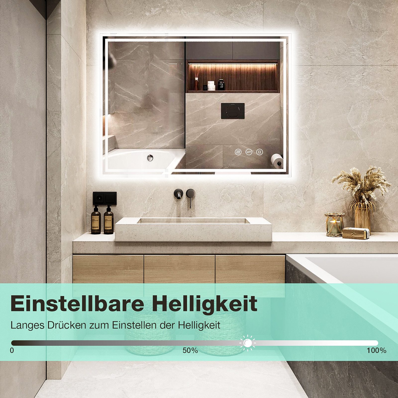 GIMBELEN Badspiegel Badezimmerspiegel mit LED-Beleuchtung, Touchschalter, IP44-Schutz (1-St), mit Steckdose, 3 Lichtfarben, beschlagsfrei, dimmbar, 60x80cm – Bild 5 von 5