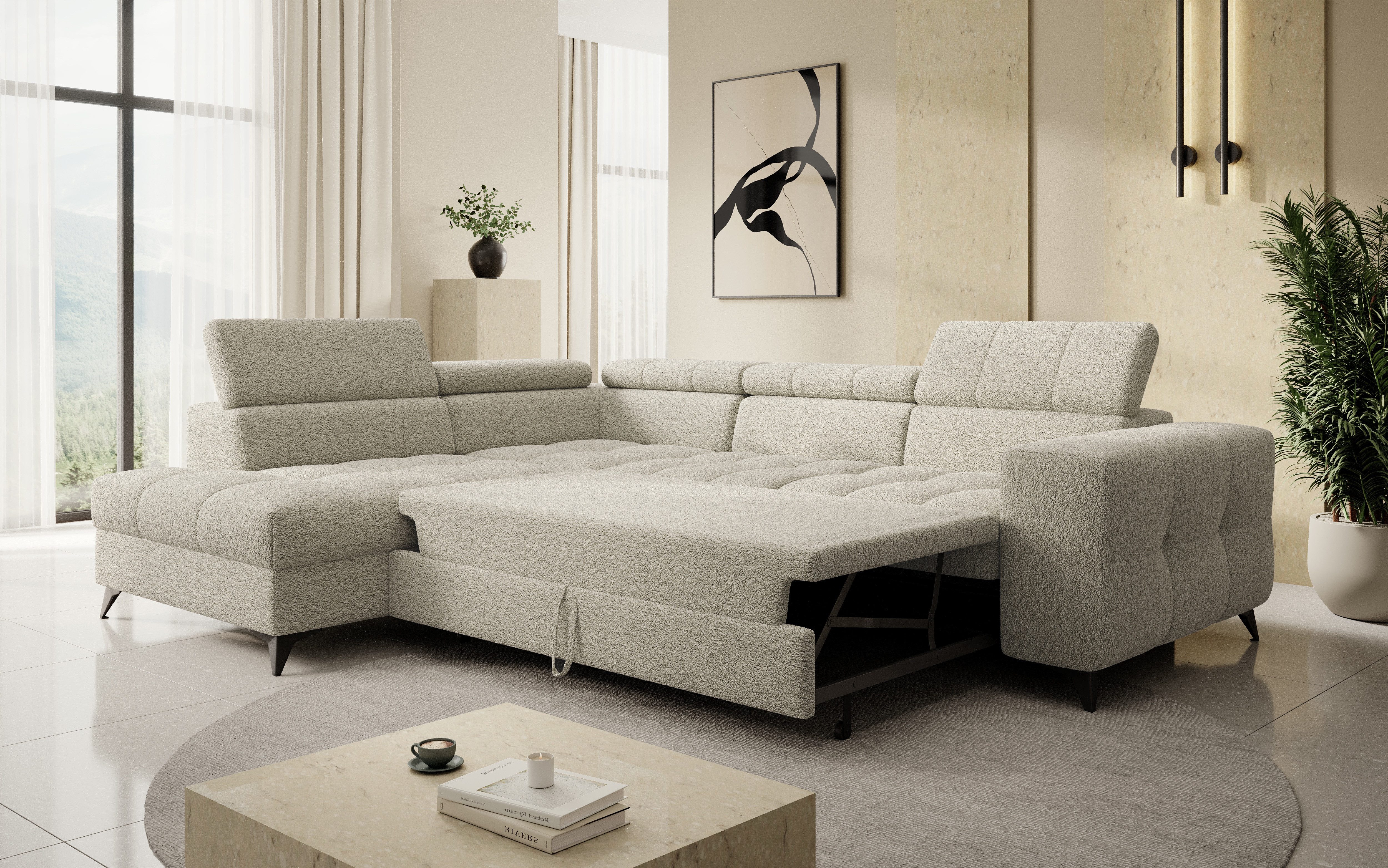 thematys Ecksofa SORANO mit Schlaffunktion & Bettkasten – L-Form, Bouclé und Velours, - mit verstellbaren Kopfstützen, – L-Form 270×203 cm – Schlafsofa mit Ausz – Bild 3 von 5