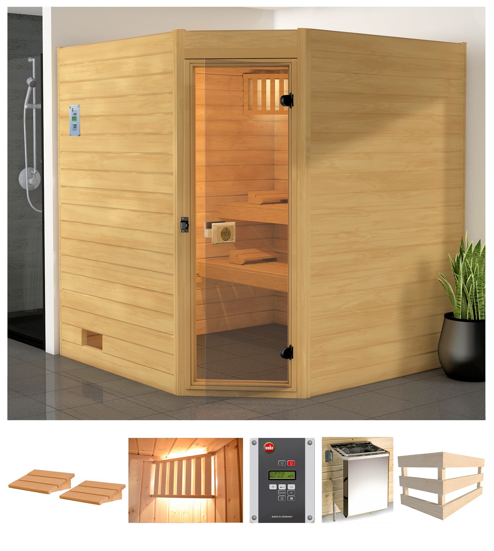 weka Sauna Vaasa 2 Eck, BxTxH: 189 x 172 x 203,5 cm, 38 mm, 7,5 kW Bio-Kombiofen mit ext. Steuerung