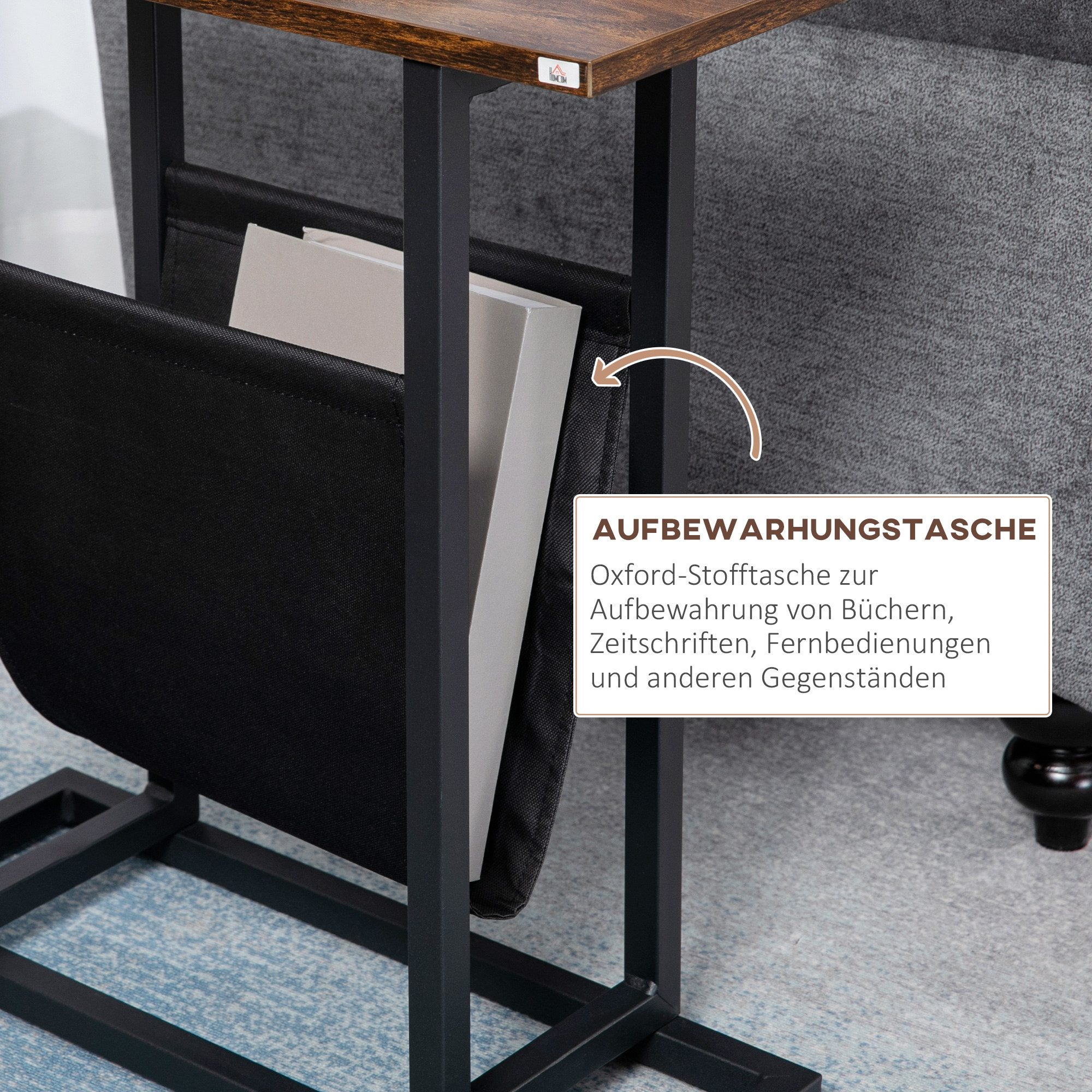 HOMCOM Beistelltisch Nachttisch mit Stofftasche, mit Stahlrahmen, Wohnzimmertisch (Kaffeetisch, 1-St., Couchtisch), Dunkelbraun+Schwarz, 49 x 19 x 55 cm – Bild 5 von 5