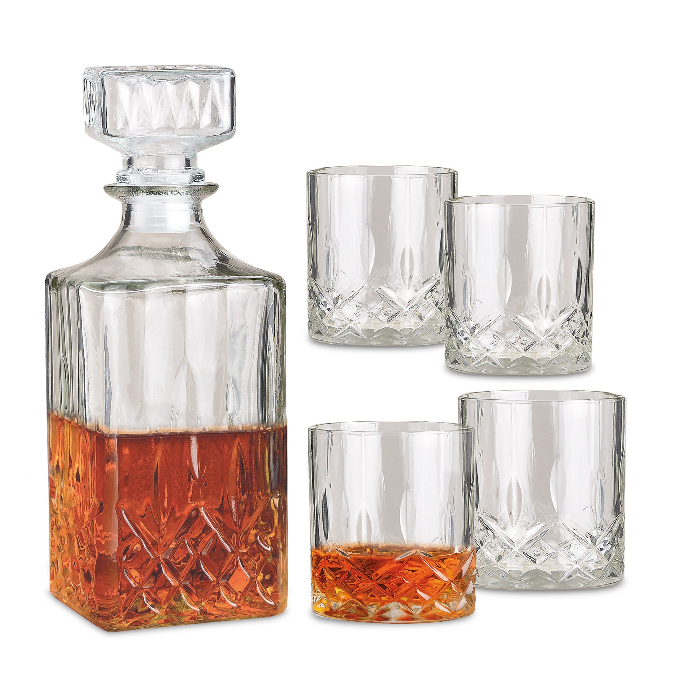 Woma Whiskyglas Whisky Glas Geschenk Set aus Kristallglas - 4 Gläser + 1 Karaffe, Kristallglas, Rum Dekanter mit Trinkglas