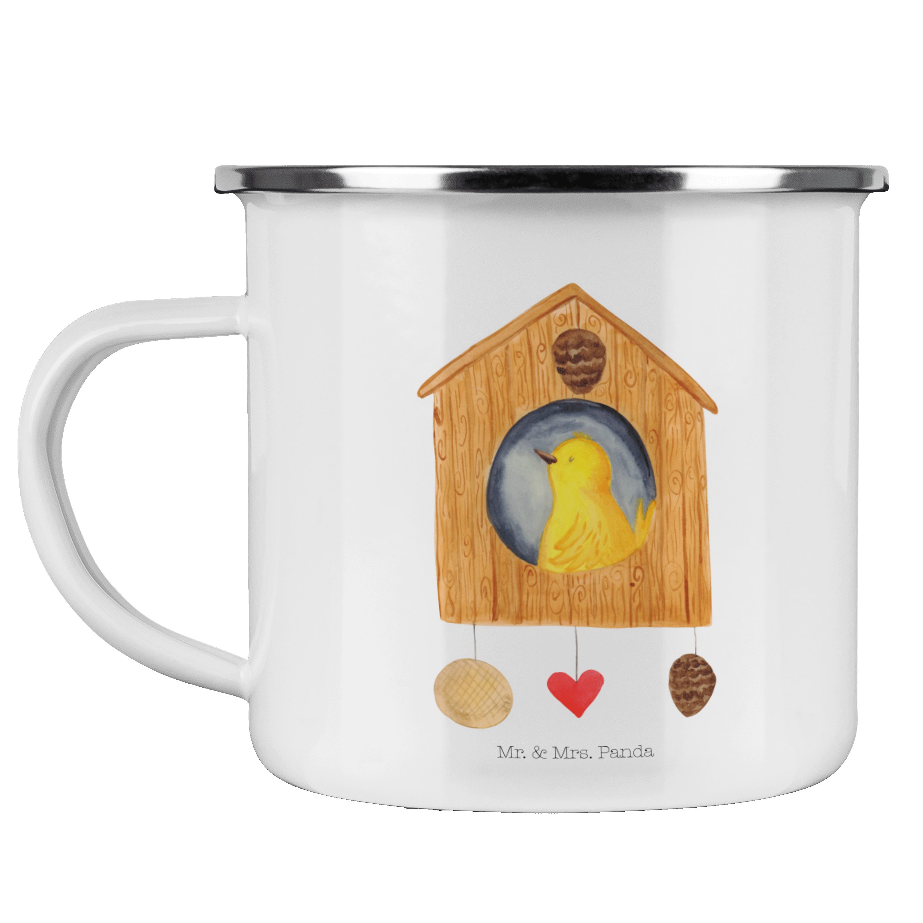 Mr. & Mrs. Panda Becher Vogelhaus - Weiß - Geschenk, Kaffee Blechtasse, Outdoor Tasse, Campin, Emaille
