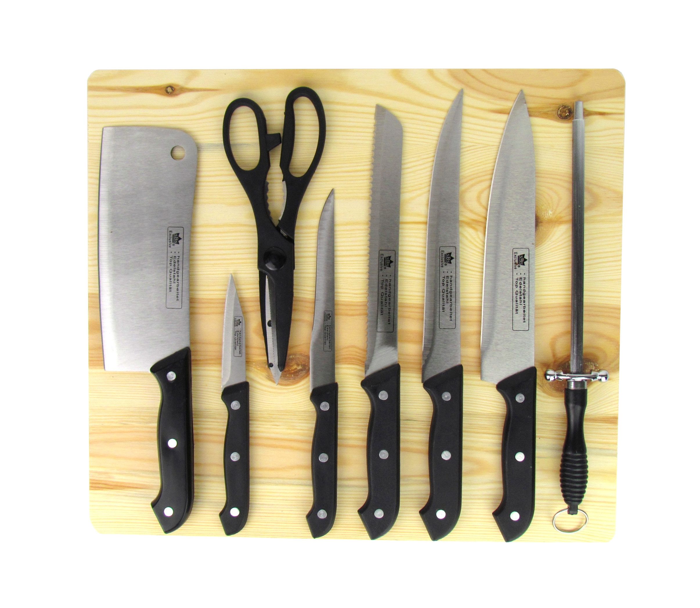 sbs Messer-Set 9-tlg. Messerset mit Holzbrett (Spar-Set, 9-tlg), Inkl. Universalschere