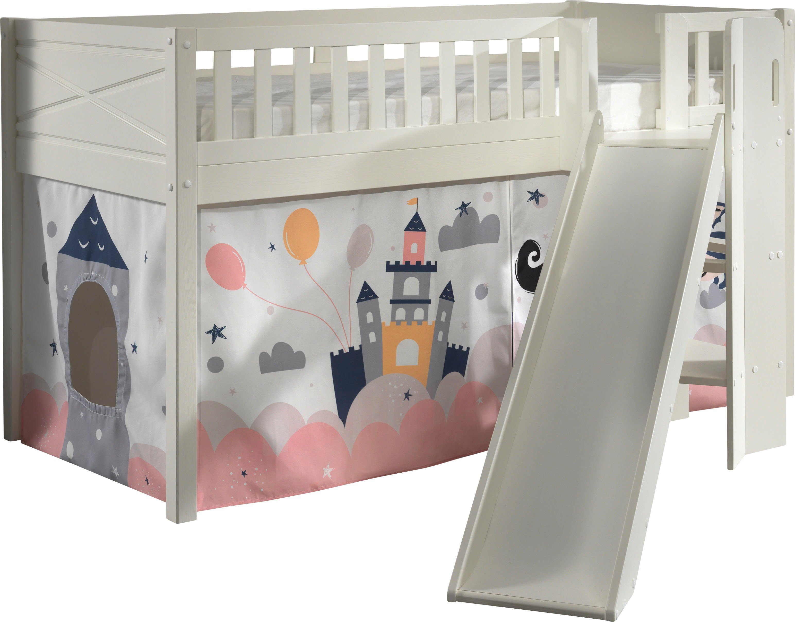 Vipack Hochbett Scott, Spielbett, Kiefer massiv weiß lackiert, mit Rolllattenrost (B/H/T ca. 207,6x114x203,7cm, Kopf-/Fußteil mit Fräsung, stabil gebaut) mit Rutsch-/Leiterturm, LF 90x200 cm, inkl. Vorhang, 7 Designs