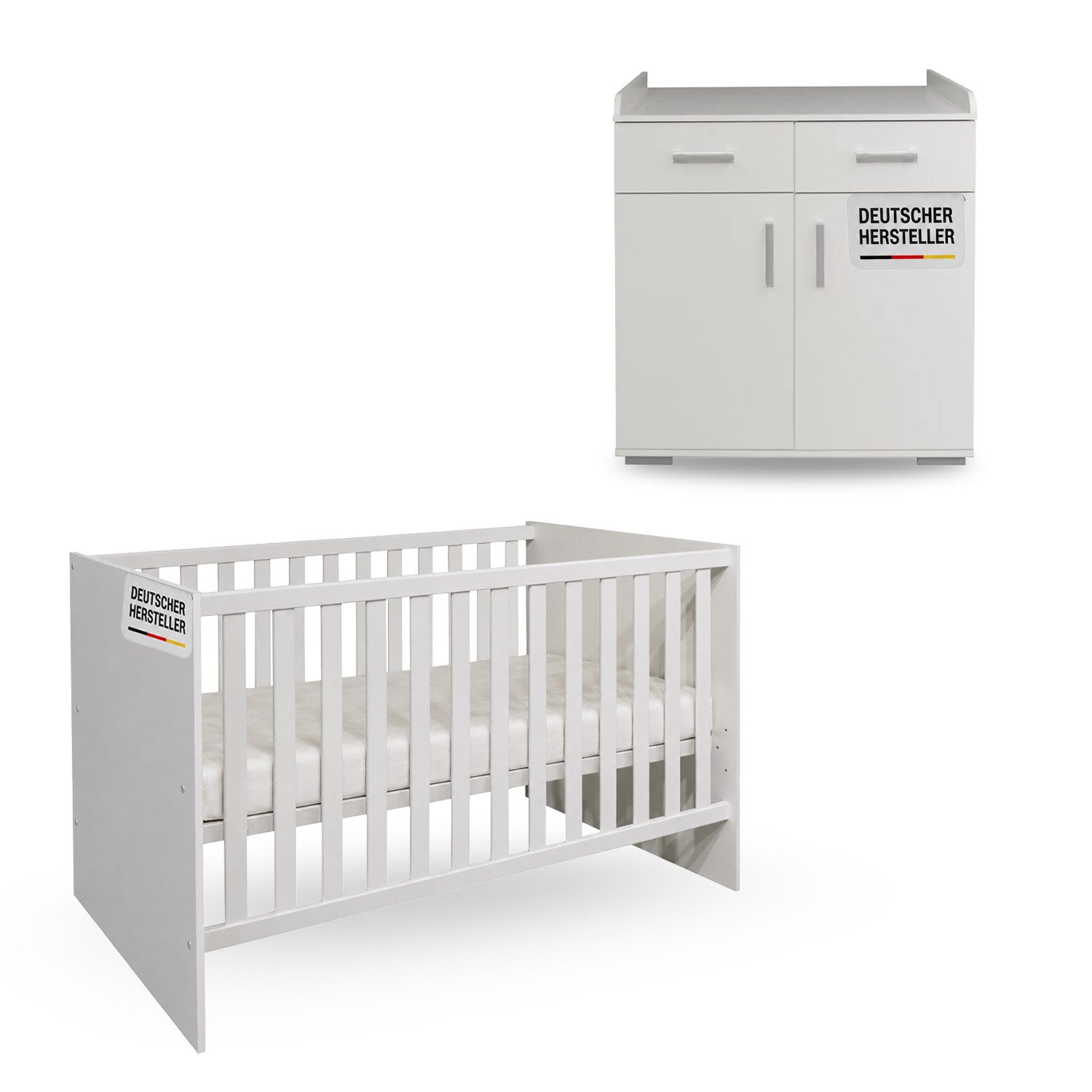 Storado Bettanlage Sienna 2-teilig 70×140cm, Kinderzimmer-Set, Farbe wählbar, Mitwachsendes Babybett, Wickelkommode und geräumiger Schrank