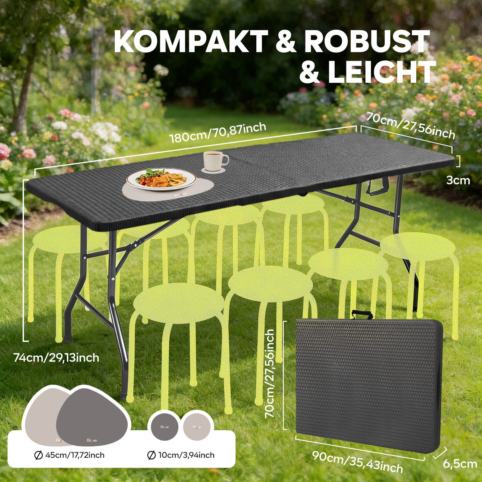 Eiryss Klapptisch 180x74 cm Tragbar Klappbar Gartentisch, Bis 150 kg, für 8-10 Personen (1), Campingtisch Partytisch Buffettisch, Witterungsbeständig – Bild 3 von 5