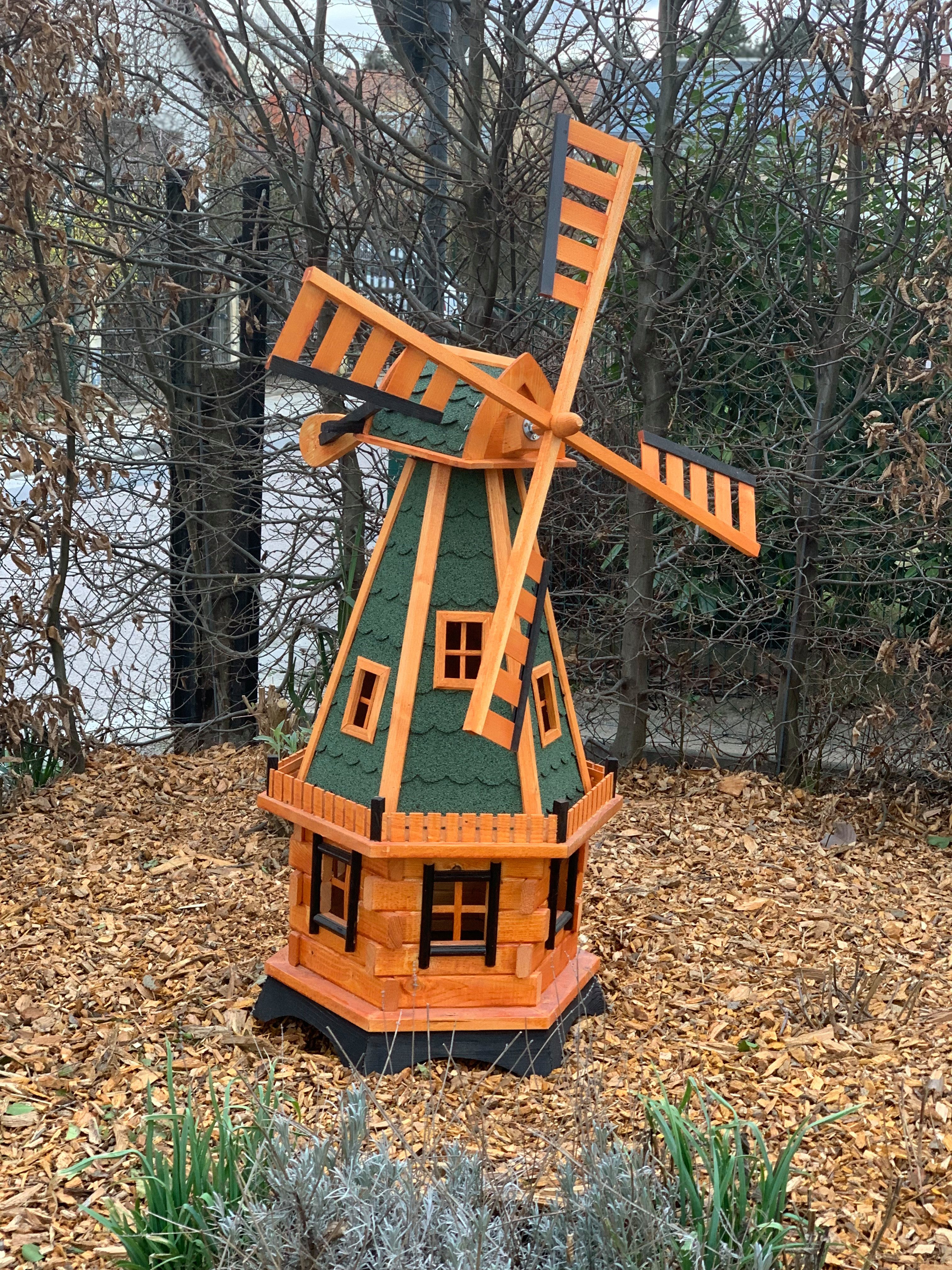 Holzdekoladen Deko-Windrad Gartenwindmühle Holz 145 cm–6-eckig mit Solar Licht Weiß–Gartendeko