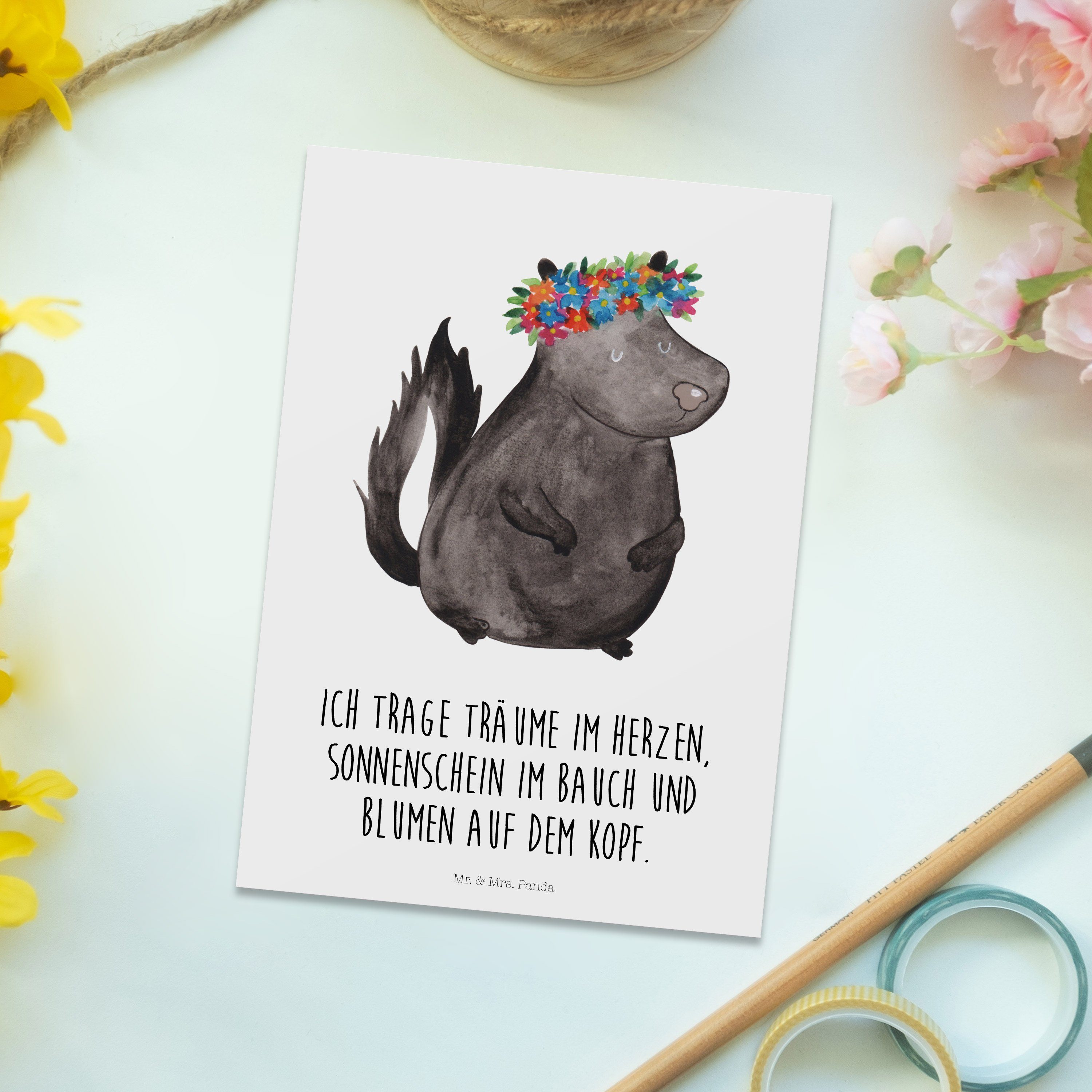 Panda Postkarte Mrs. - Mr. Wildtier, Geburtstagskart Geschenk, Stinktier & - Blumenmaedchen Weiß