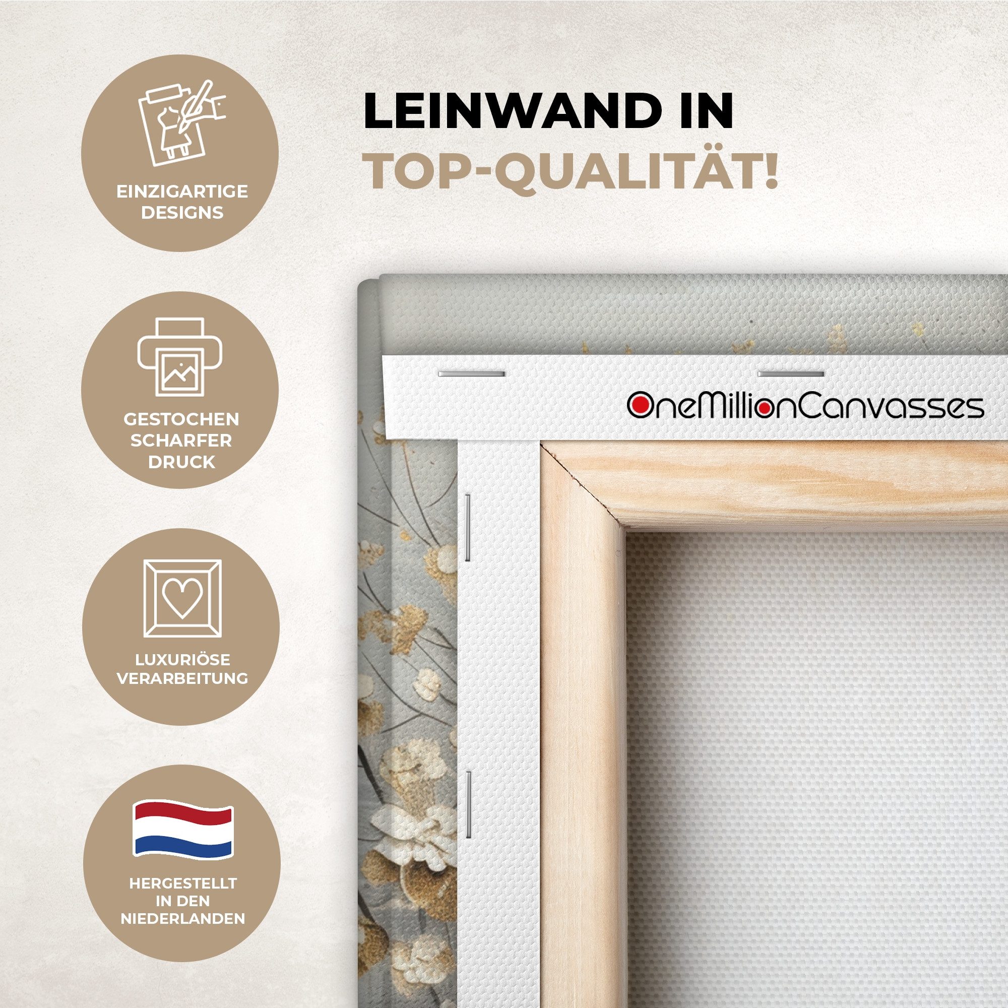 OneMillionCanvasses® Leinwandbild Baum - Beige - Gold - Farben Optik - Grau, Fotodruck (1 St), Wandbild, Deko Schlafzimmer Wohnzimmer Flur 20x20 cm