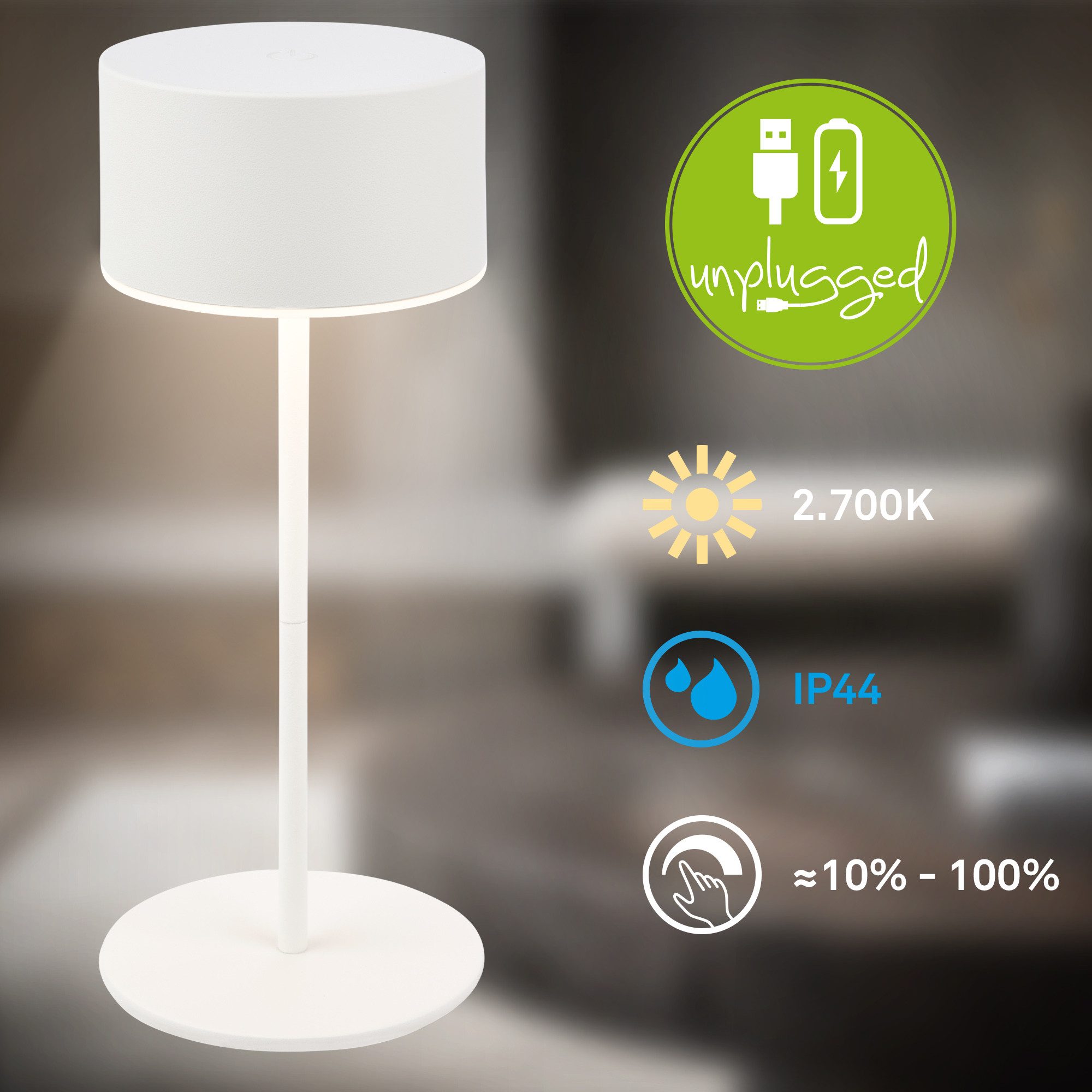 Briloner Leuchten LED Tischleuchte Tischleuchte kabellos Akku dimmbar Touch, LED fest integriert, Warmweiß