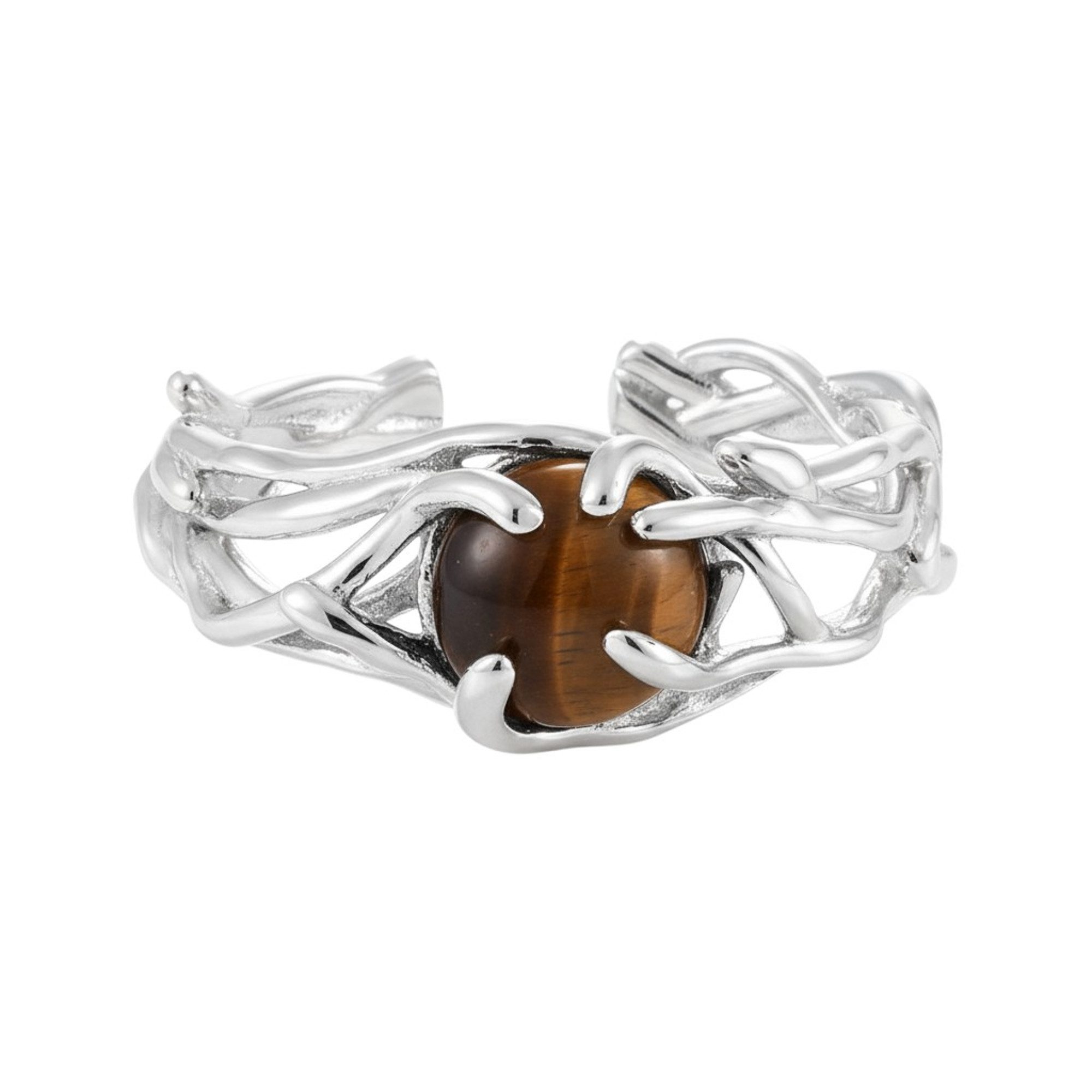 KARMA Fingerring Damenring Tigerauge Ring Silber925 Sterlingsilber (Geschenk Frauen, Damenschmuck Damen), Weiß oder Braun verstellbar modern