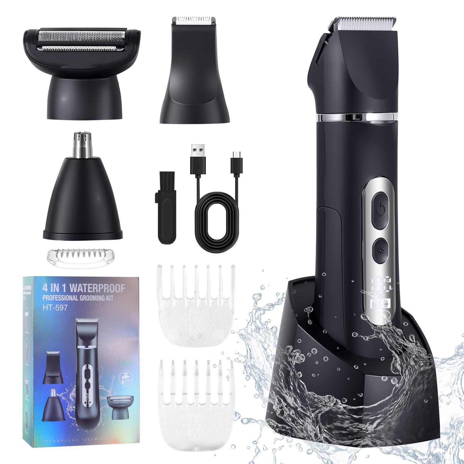 HATTEKER Körperrasierer HT-597, Set, Haarschneider, Bartschneider, Nasenhaarschneider, 4-in-1 Multifunktions-Trimmer