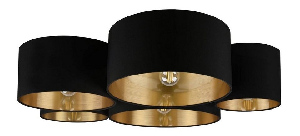 Reality Leuchten Deckenleuchte CARLTON, B 90 cm, Schwarz, Gold., ohne  Leuchtmittel, mit 5 Stofflampenschirmen, Innenschirm aus Kunstsoff in  goldgelb