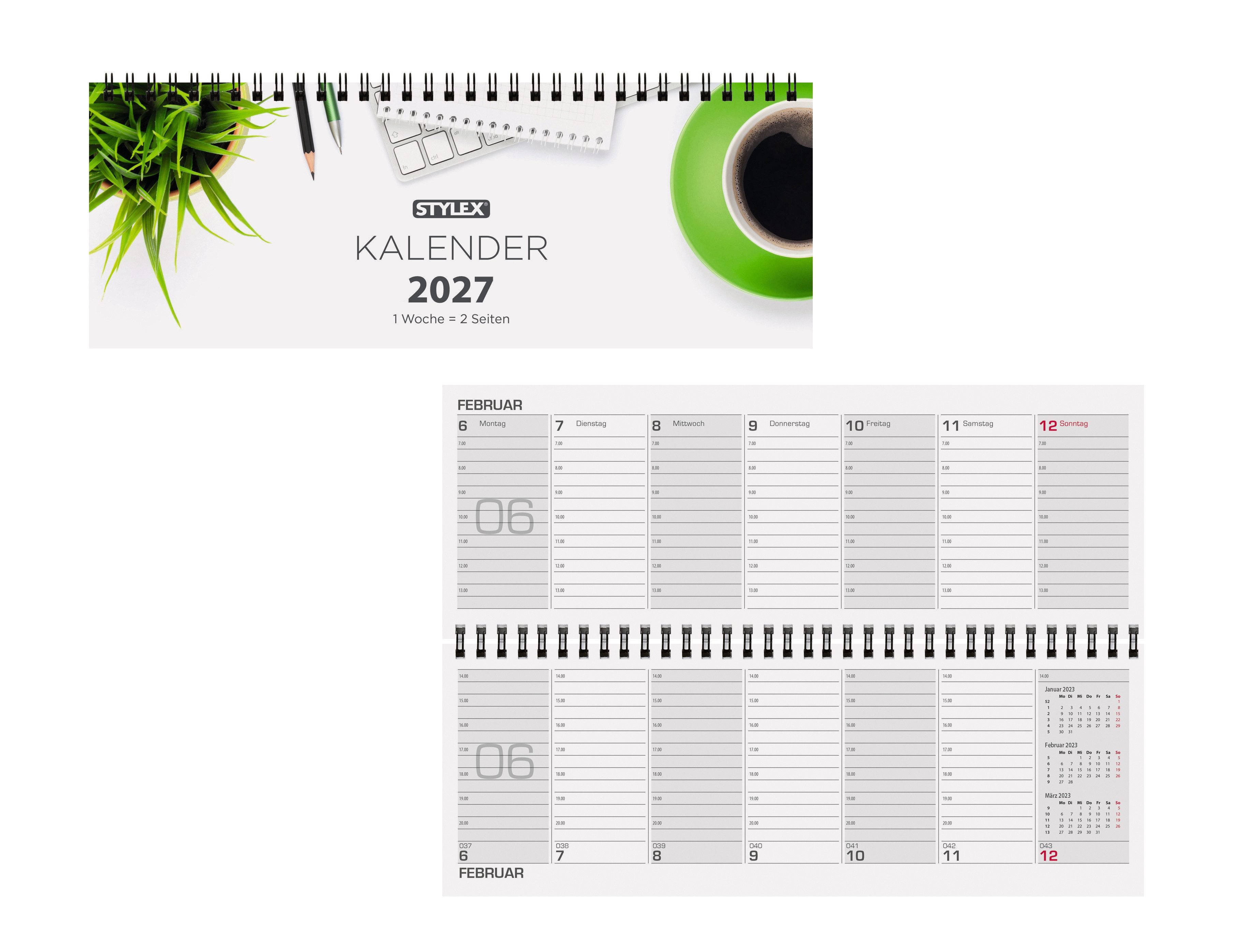 Stylex Schreibwaren Monatskalender Schreibtischquerkalender 2027 / 56 Blatt / 1 Woche = 2 Seiten
