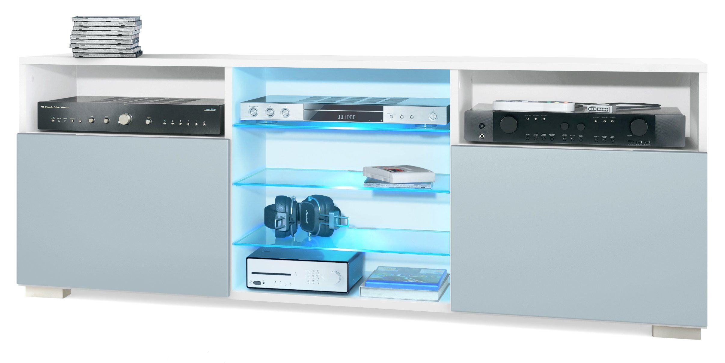 Vladon Lowboard Granada (TV-Kommode, mit 2 Türen und 6 offenen Fächern), Weiß matt, Denim matt