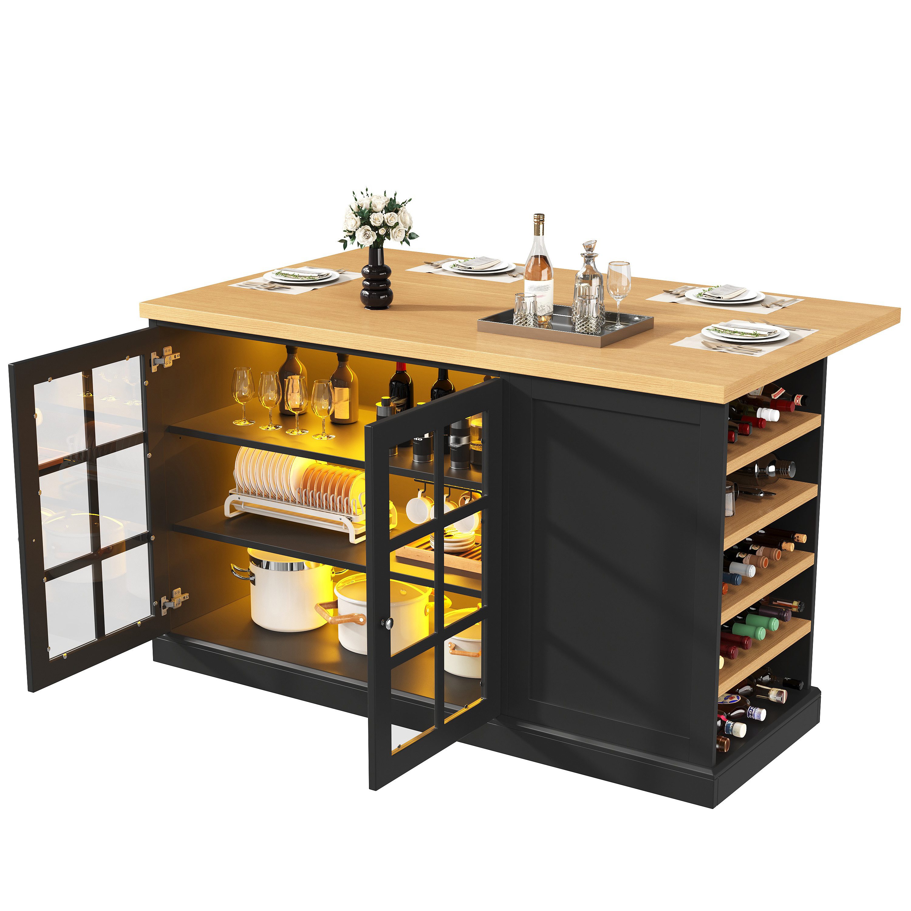 REDOM Kücheninsel Klappbarer Bartisch, (mit Smart LED Farblicht, schräges Weinregal & Aufbewahrungsschublade)