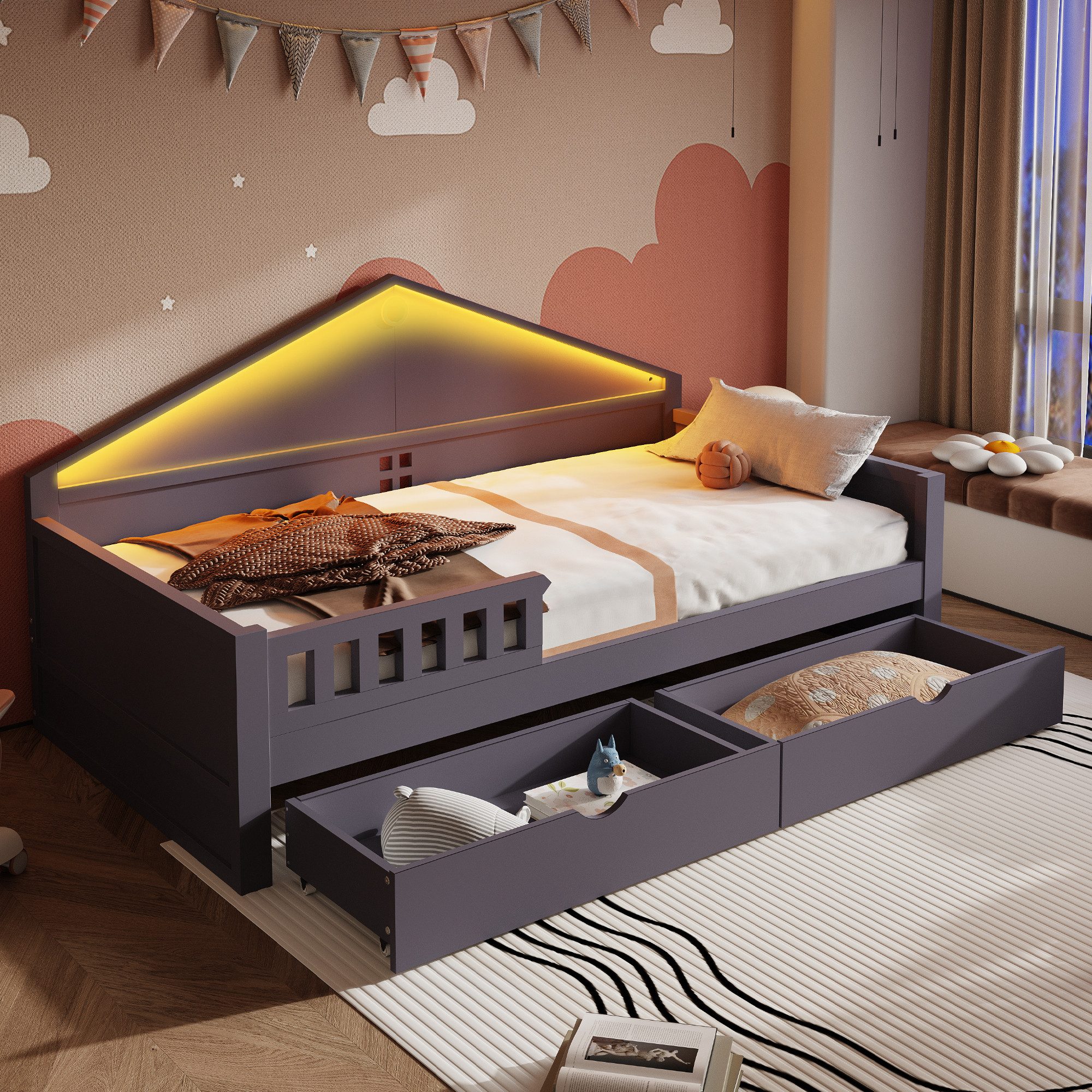 Flieks Kinderbett, Daybett Einzelbett Massivholz 90x200cm mit Lichtleiste & 2 Schubladen